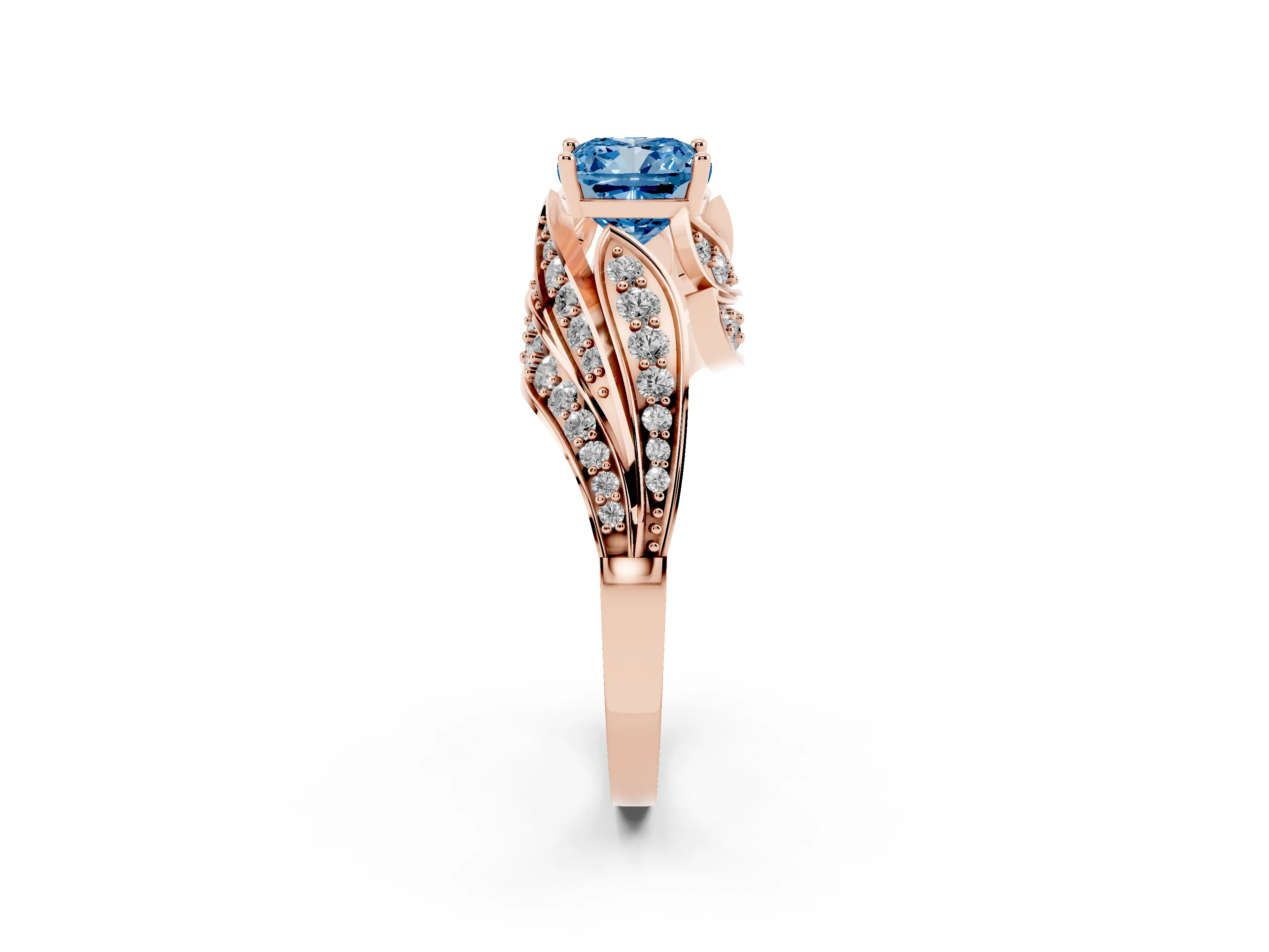 Fancy Blue Cushion Cut Diamond Solitaire Ring Set in Rose gold with Layered Twist Pavé Band
