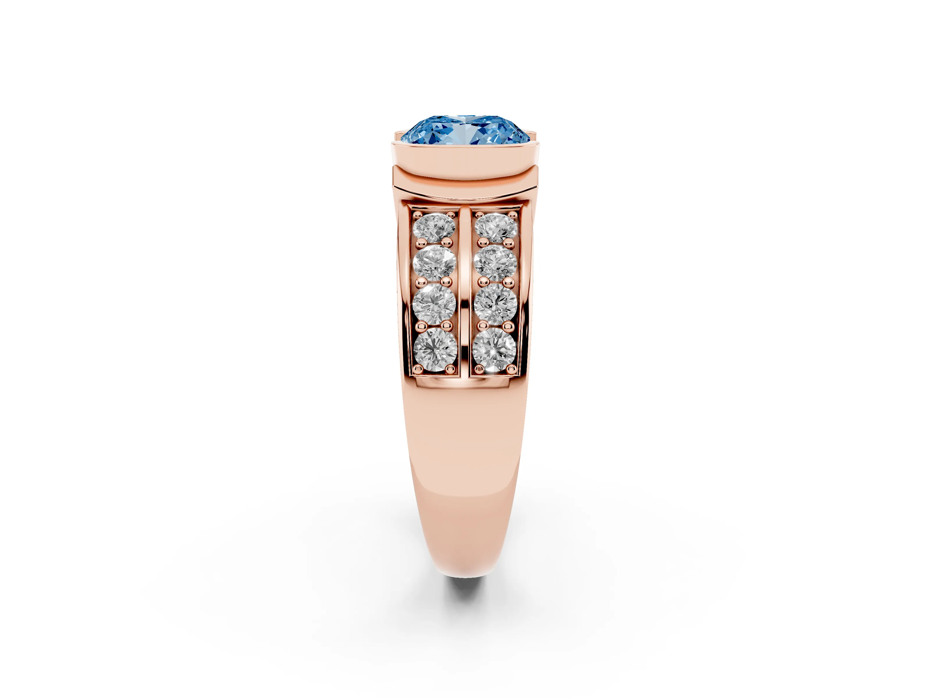Fancy Blue Cushion Cut Diamond Wide Channel Set Band Ring Set in Rose gold with Bezel Setting