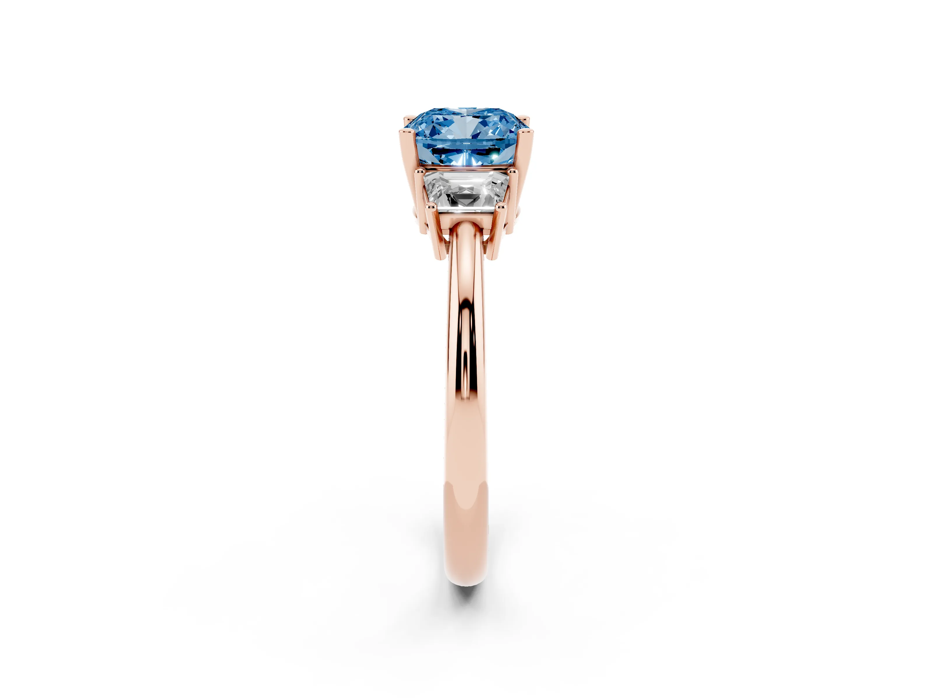 Fancy Blue Cushion Cut Diamond Three-Stone Ring Set in Rose gold with Trapezoid Side Stones and Prong Setting