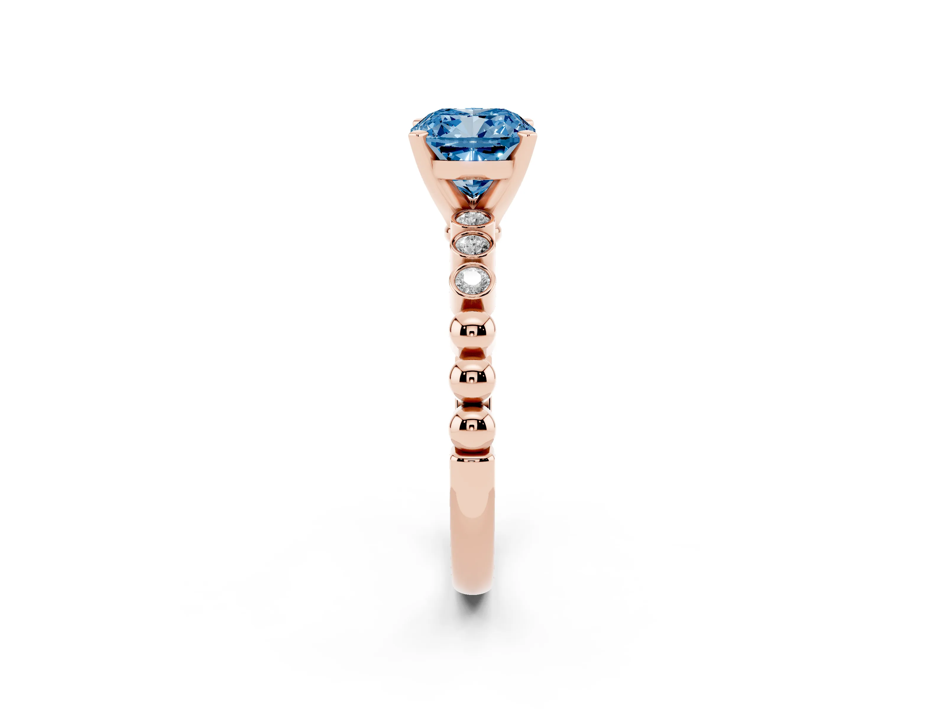 Fancy Blue Cushion Cut Diamond Solitaire Engagement Ring Set in Rose gold with Bezel Accents on Beaded Band