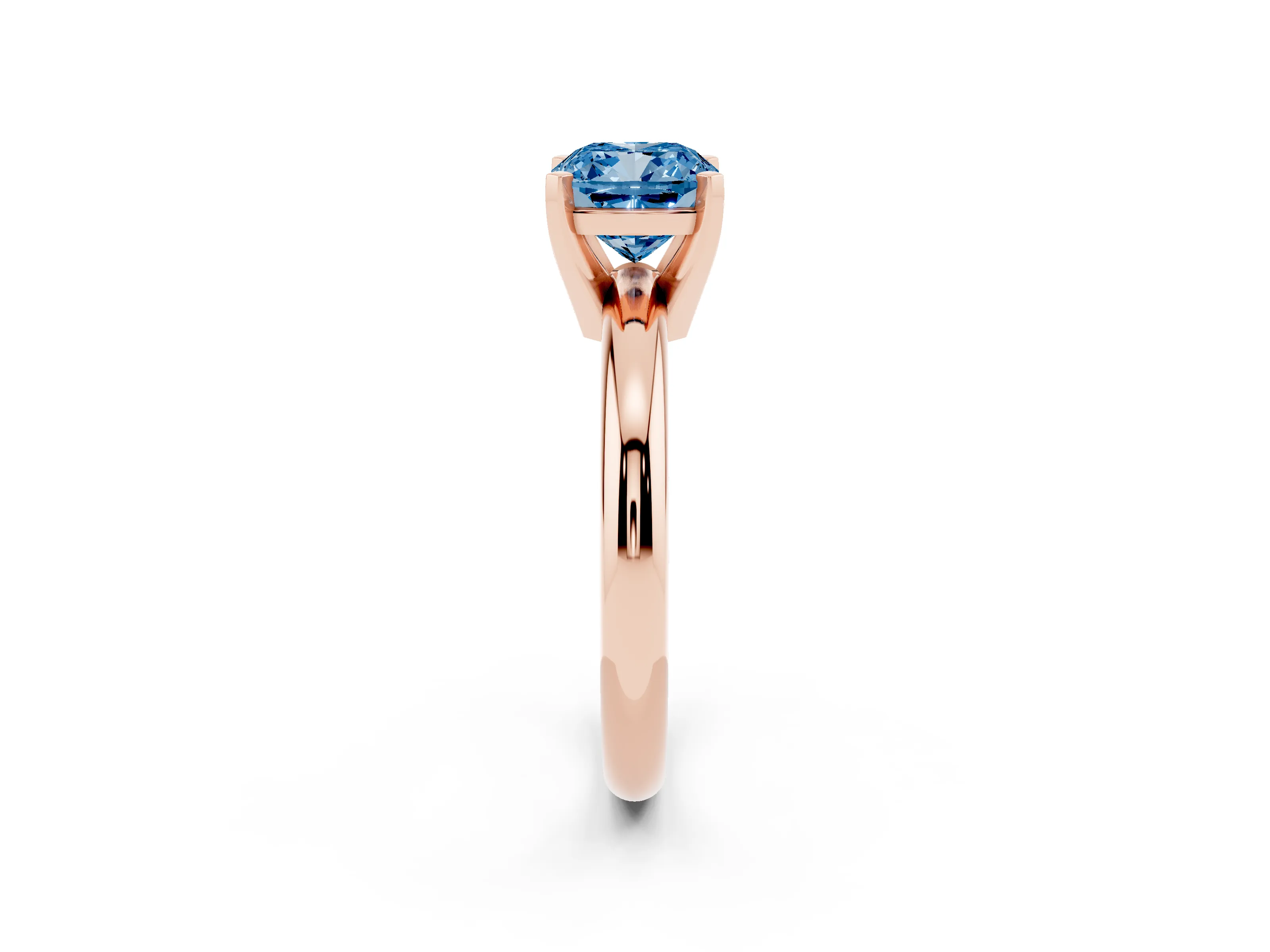 Fancy Blue Cushion Cut Diamond Solitaire Engagement Ring Set in Rose gold with Round Band and Prong Setting