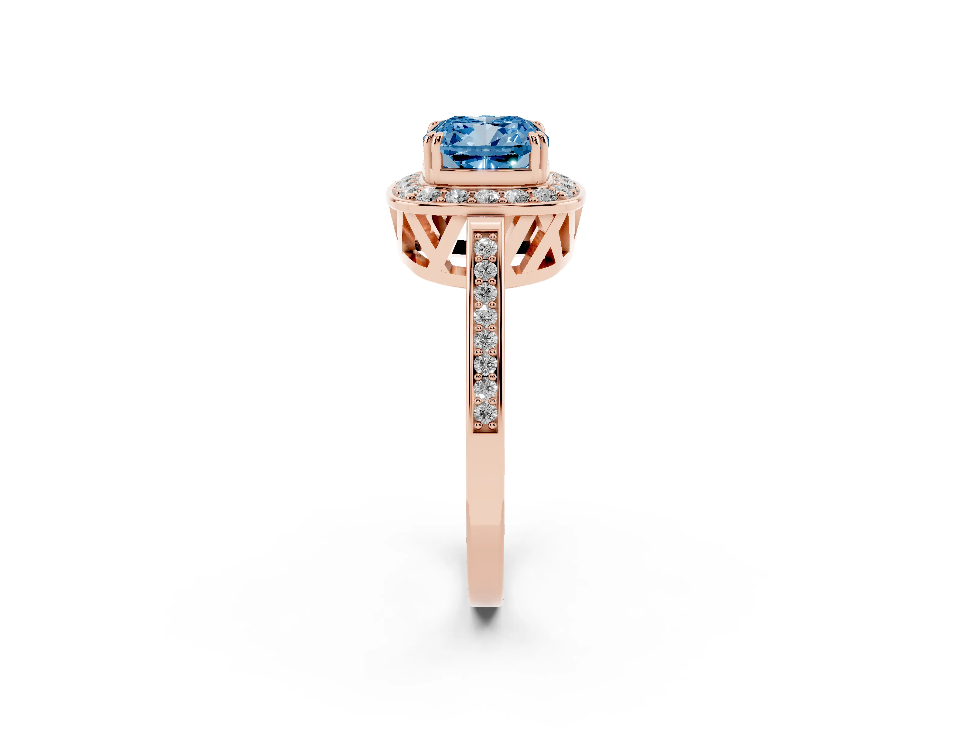 Fancy Blue Cushion Cut Diamond Halo Ring Set in Rose gold with Accent-Lined Split Shank and Prong Setting
