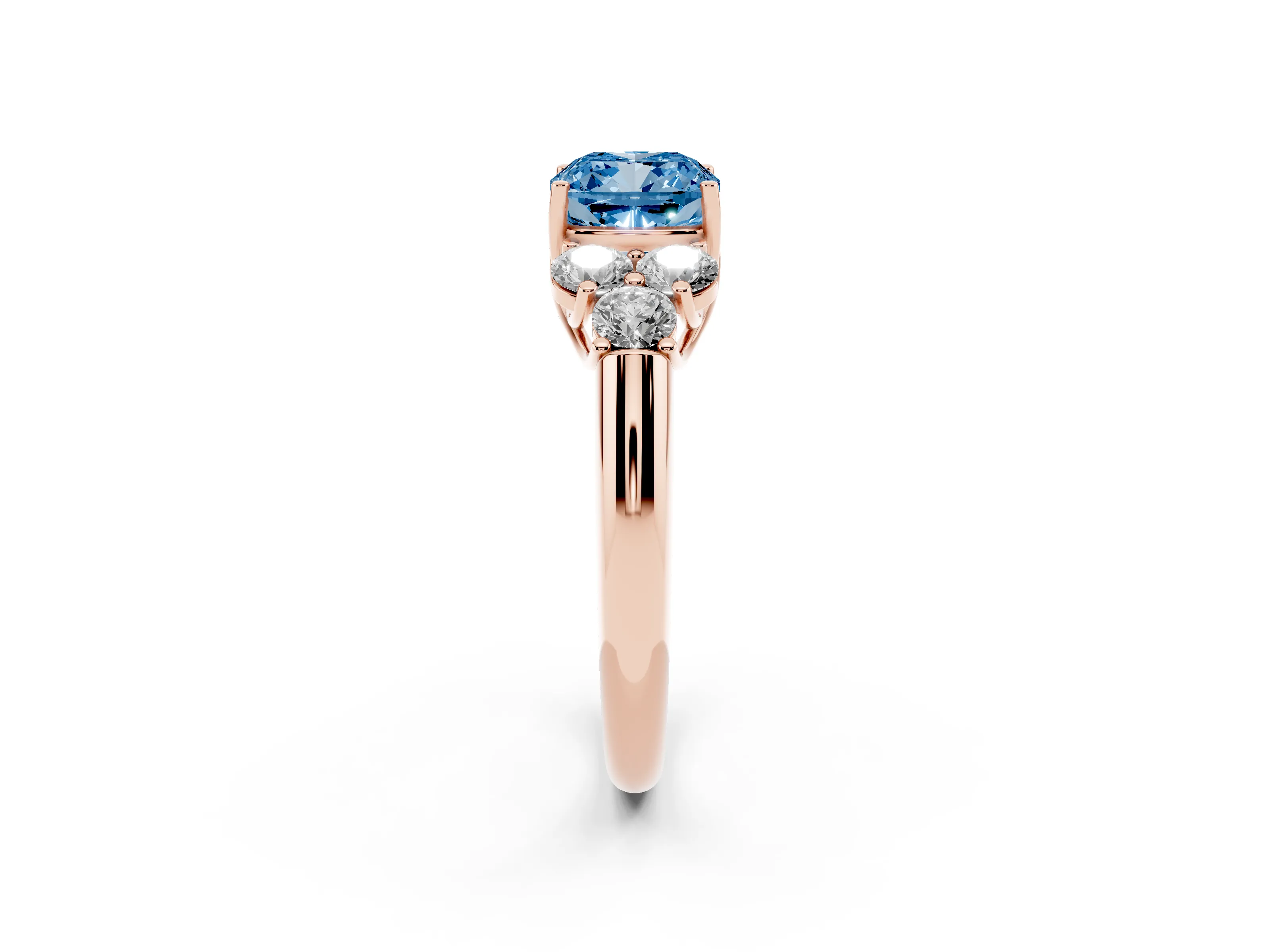 Fancy Blue Cushion Cut Diamond Cluster Ring Set in Rose gold with Round Accent Stones and Prong Setting on a Plain Band