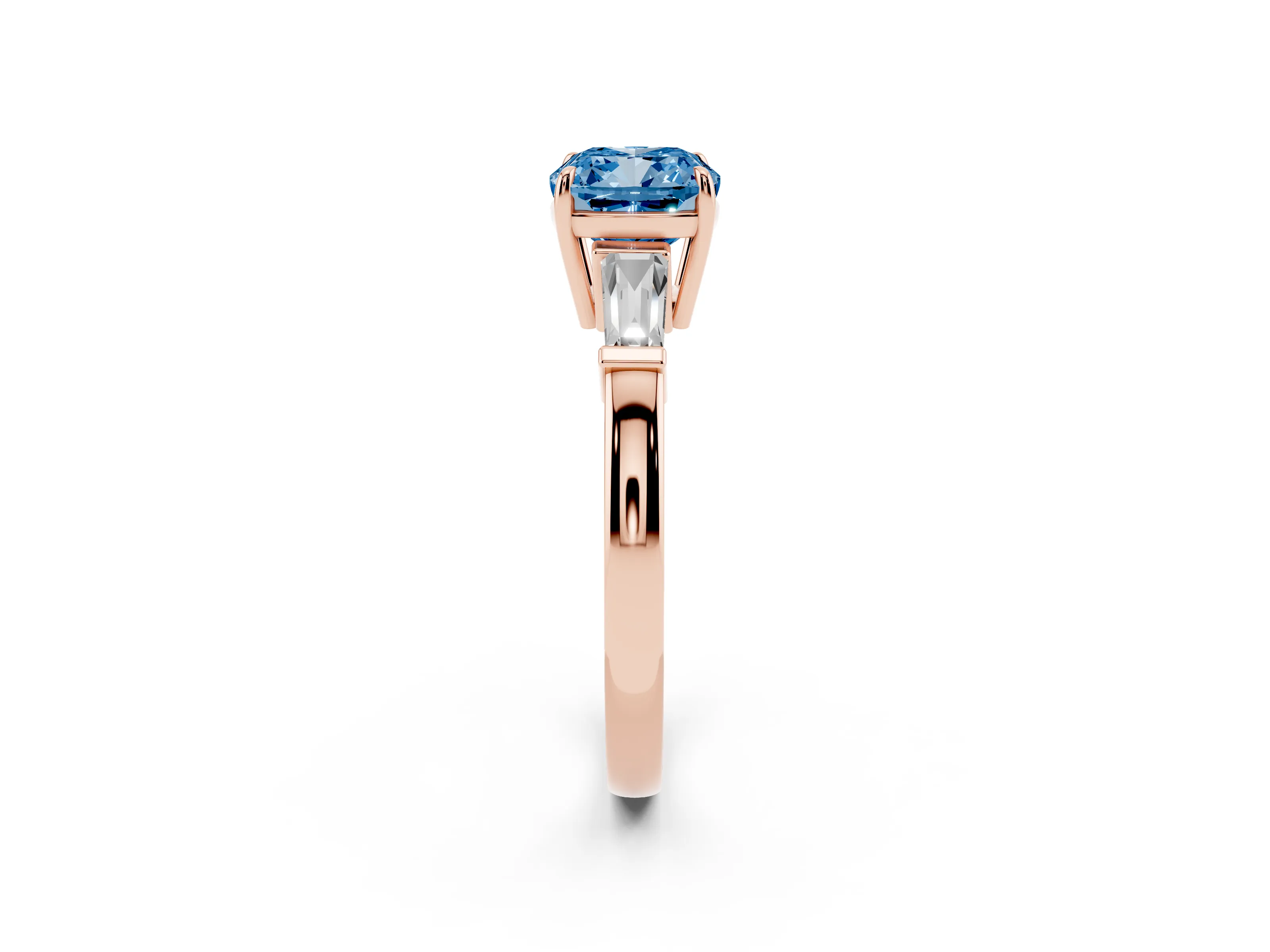 Fancy Blue Cushion Cut Diamond Three-Stone Ring Set in Rose gold with Tapered Baguette Side Stones and Prong Setting