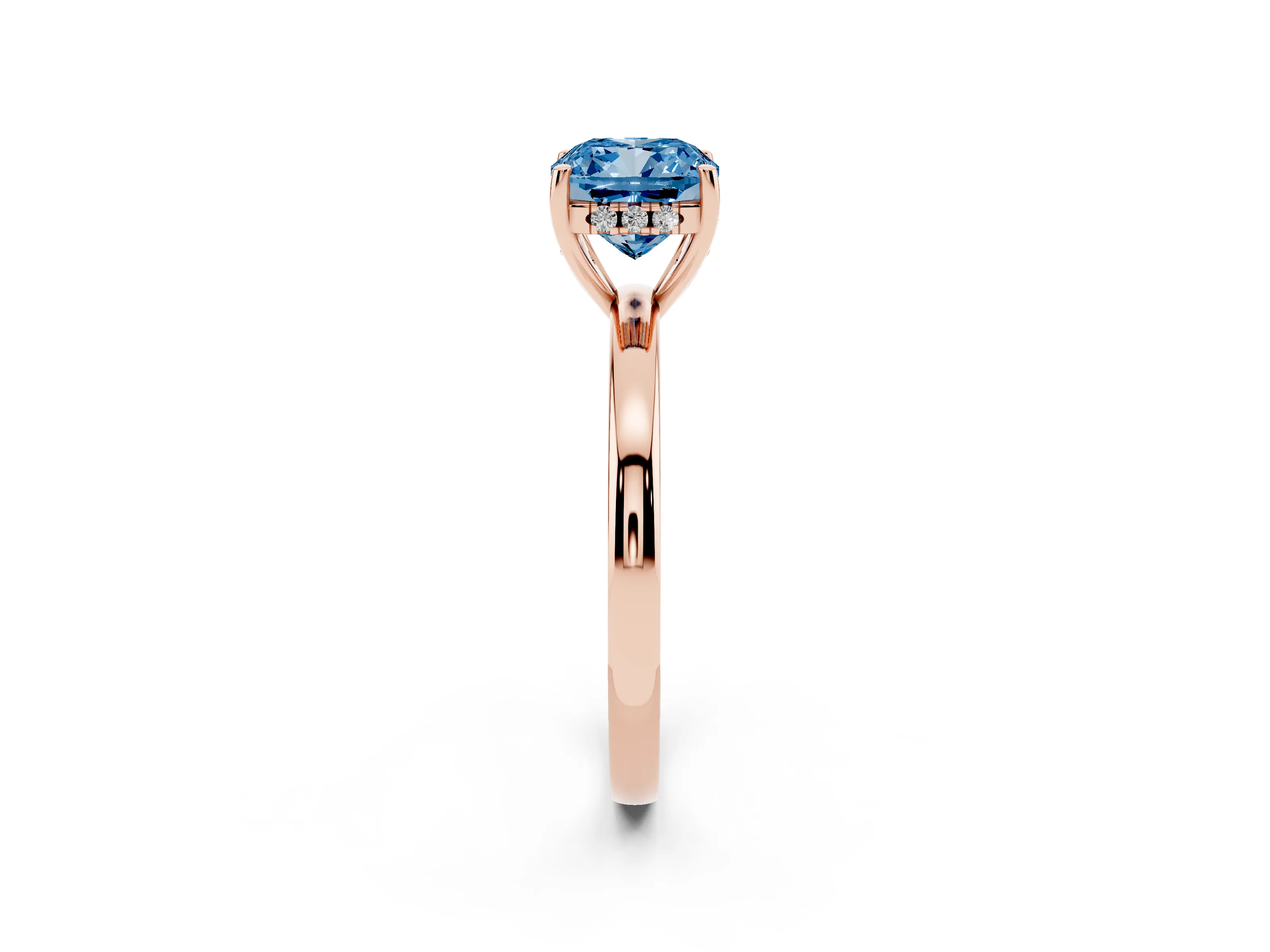 Fancy Blue Cushion Cut Diamond Solitaire Ring Set in Rose gold with Plain Band and Prong Setting
