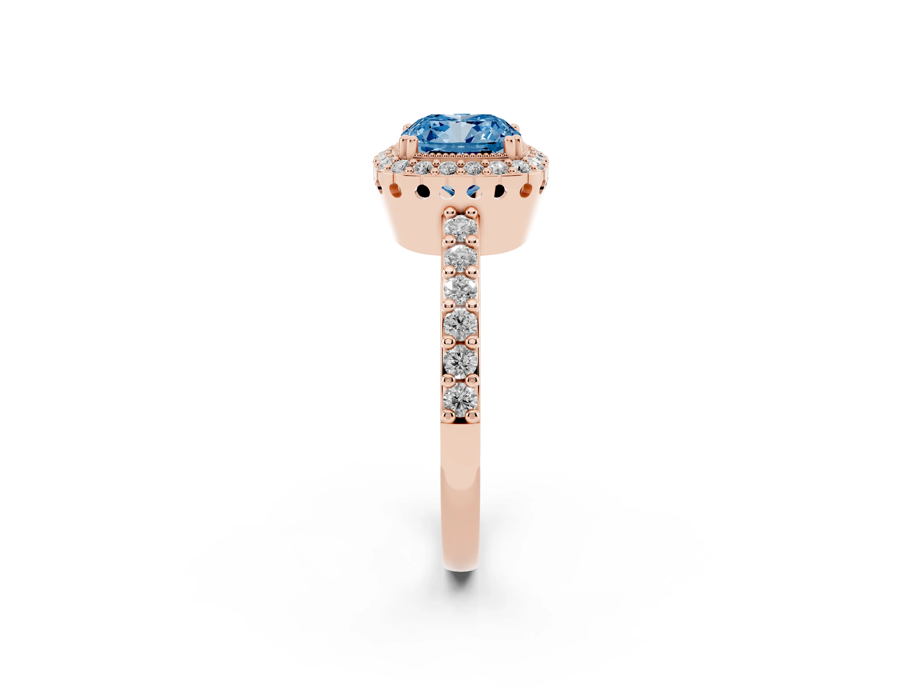 Fancy Blue Cushion Cut Diamond Halo Engagement Ring Set in Rose gold with Milgrain Detail and Pavé Band