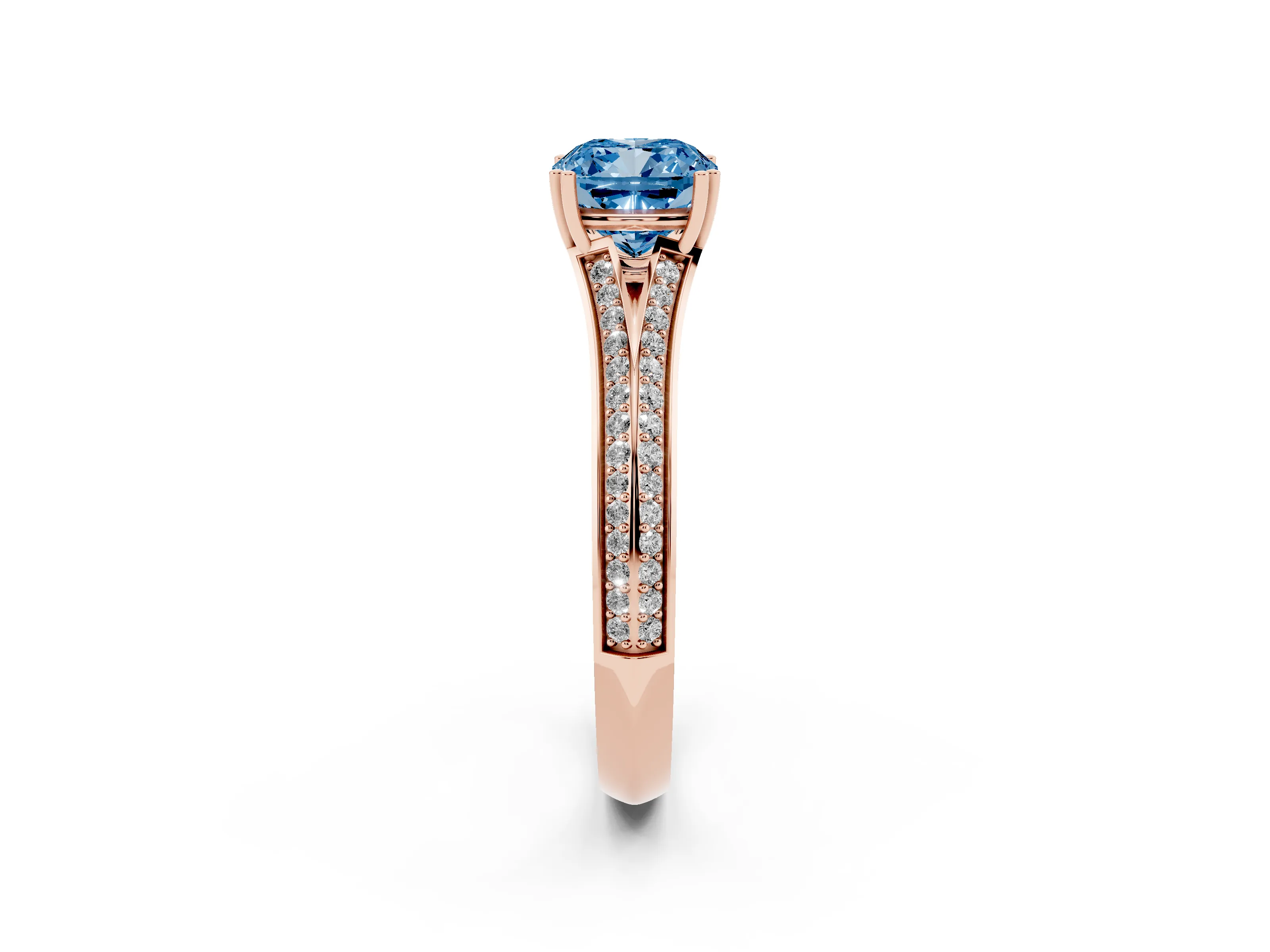 Fancy Blue Cushion Cut Diamond Split Shank Pavé Engagement Ring Set in Rose gold with Prong-Set Center Stone