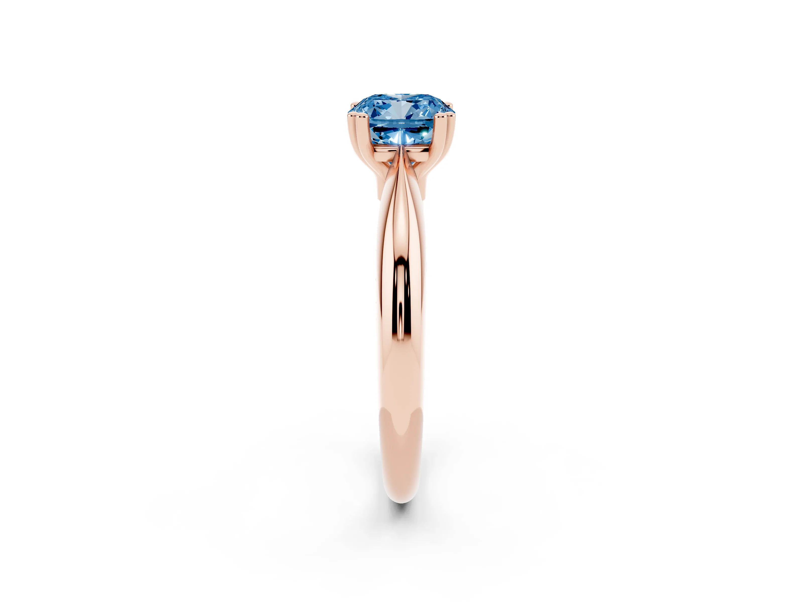 Fancy Blue Cushion Cut Diamond Solitaire Engagement Ring Set in Rose gold with Tapered Band and Prong Setting