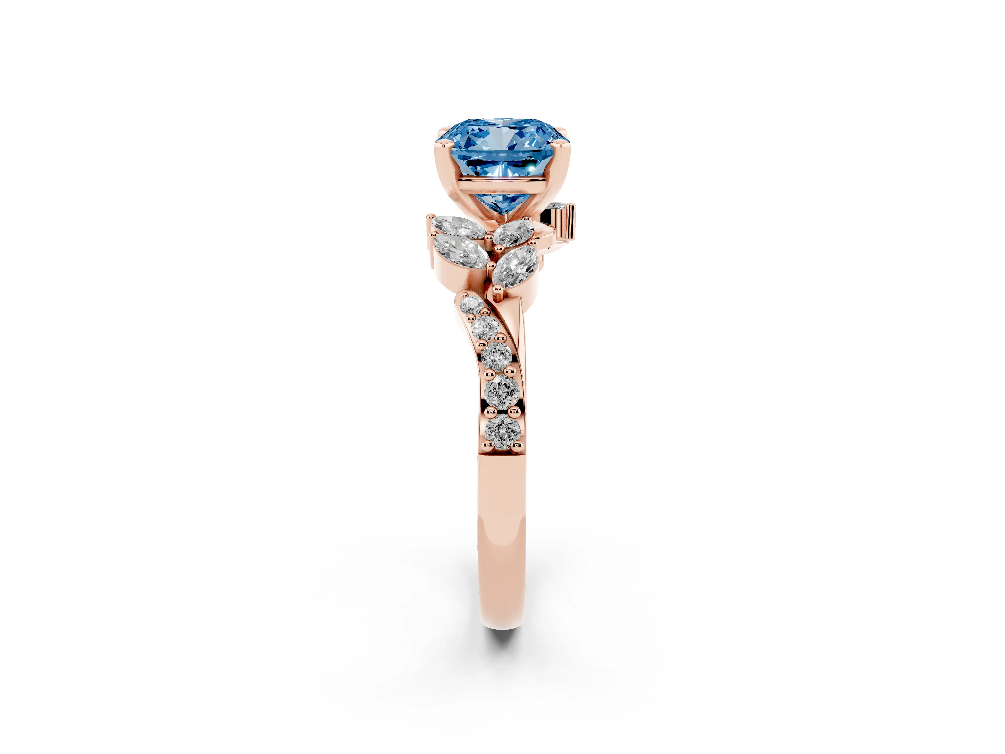 Fancy Blue Cushion Cut Diamond Solitaire Ring Set in Rose gold with Marquise Twist Band and Prong Setting