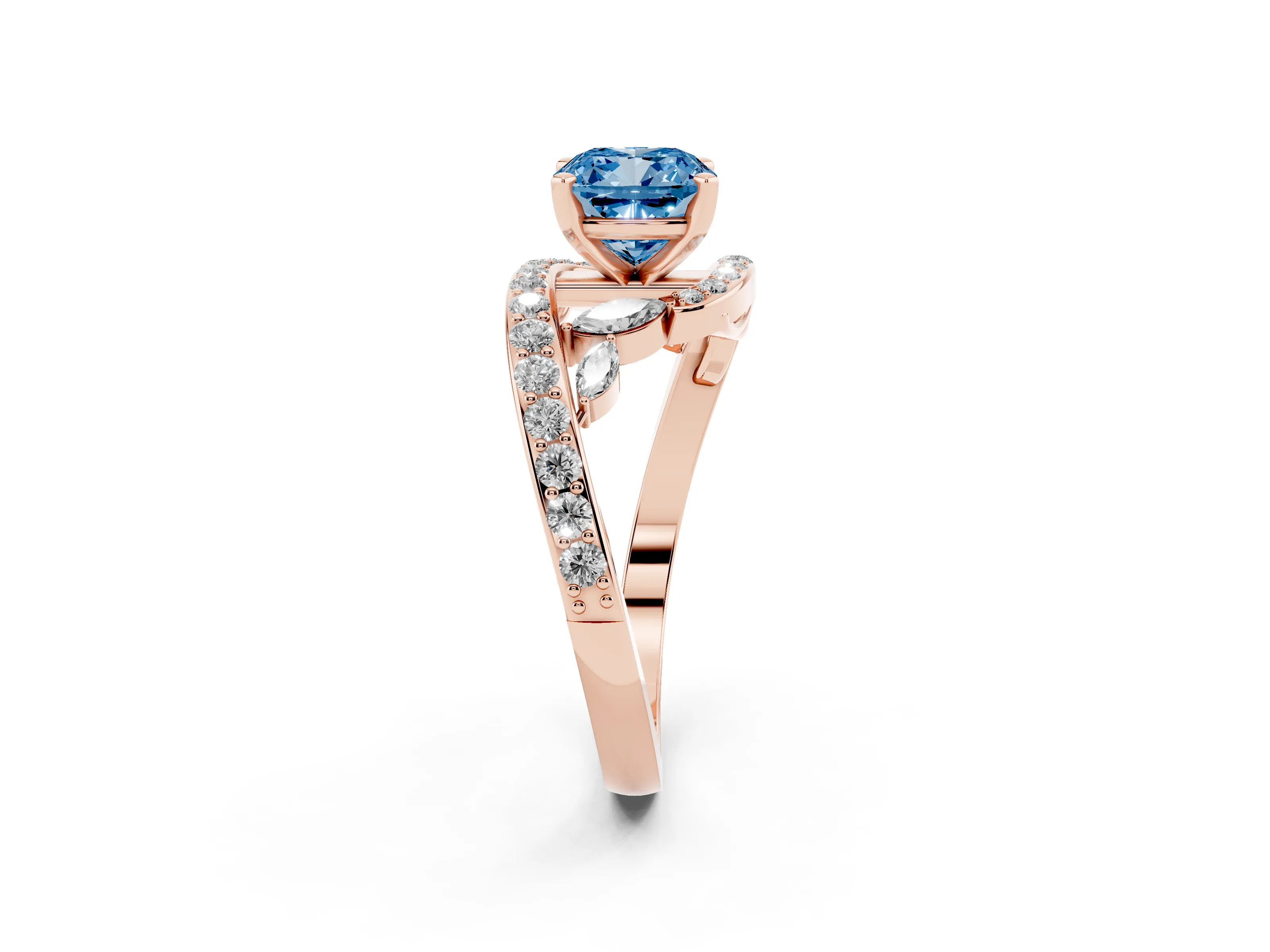 Fancy Blue Cushion Cut Diamond Solitaire Ring Set in Rose gold with Filigree Band and Prong Setting