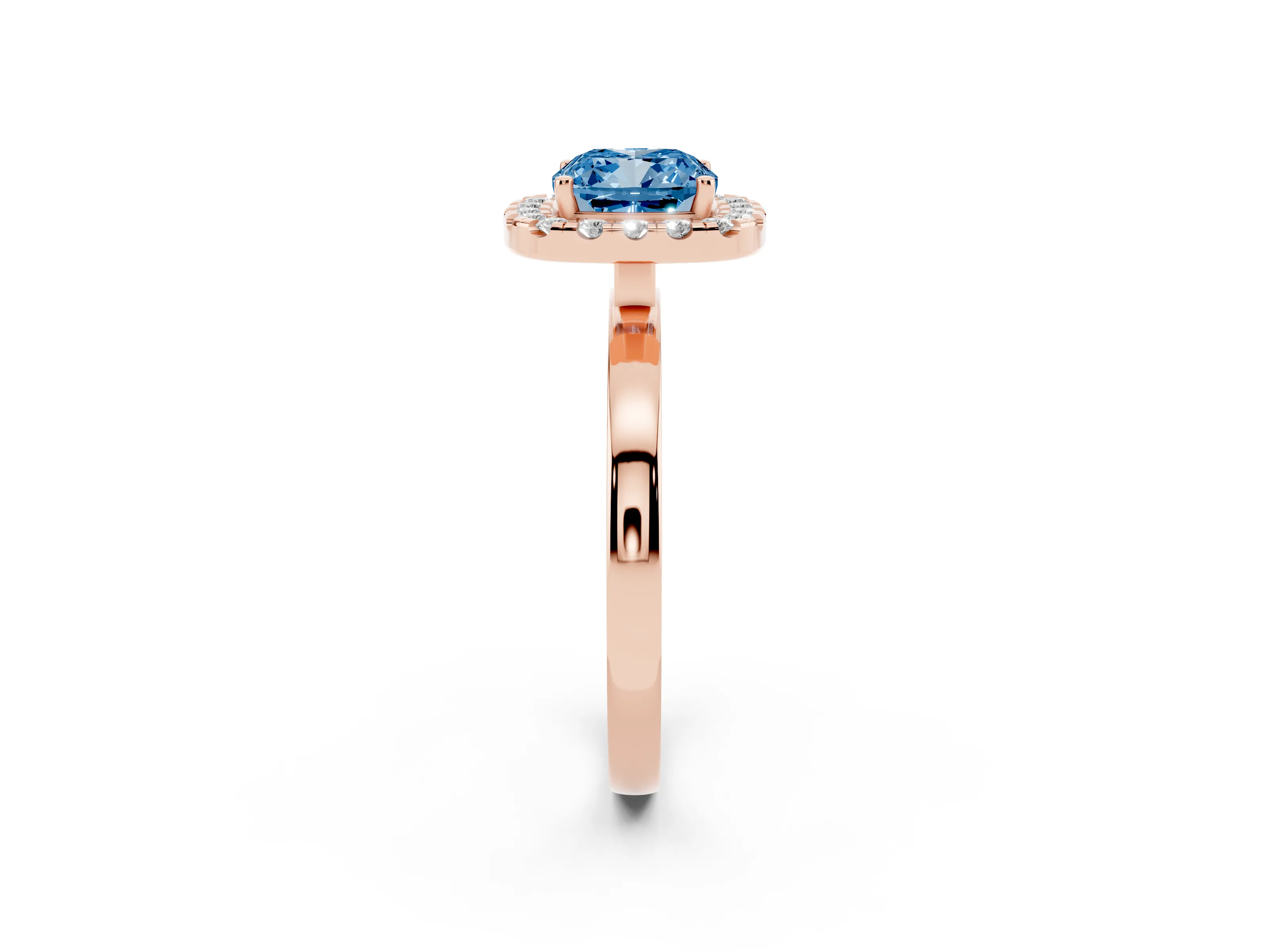 Fancy Blue Cushion Cut Diamond Halo Solitaire Ring Set in Rose gold with Pavé Band and Prong Setting