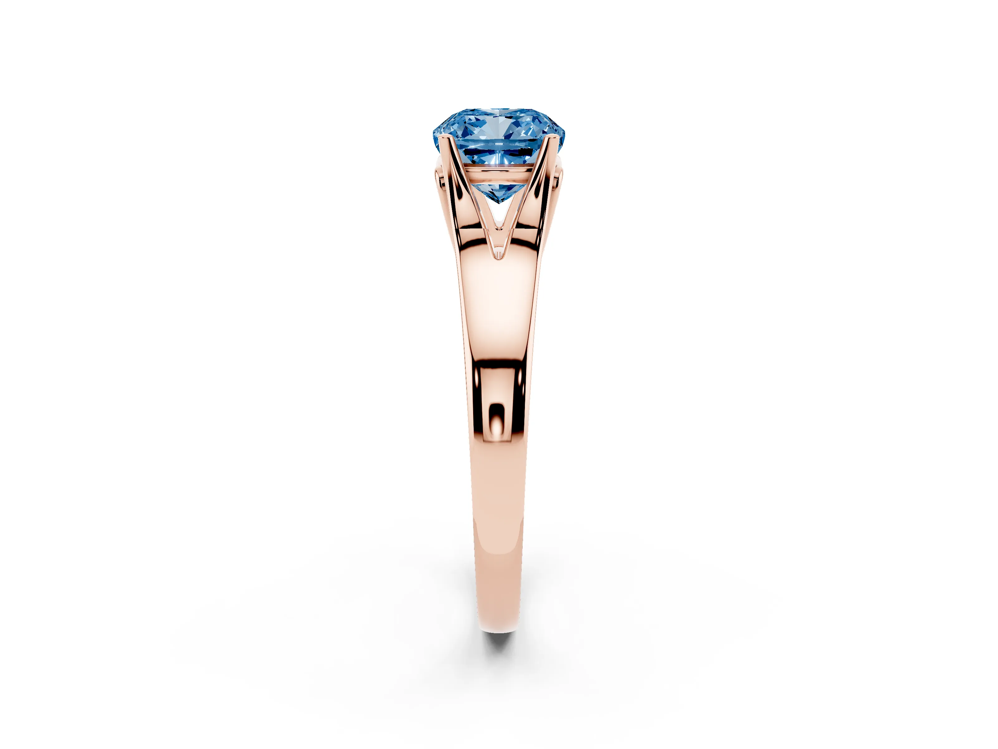 Fancy Blue Cushion Cut Diamond Solitaire Ring Set in Rose gold with Arched Cathedral Band and Prong Setting