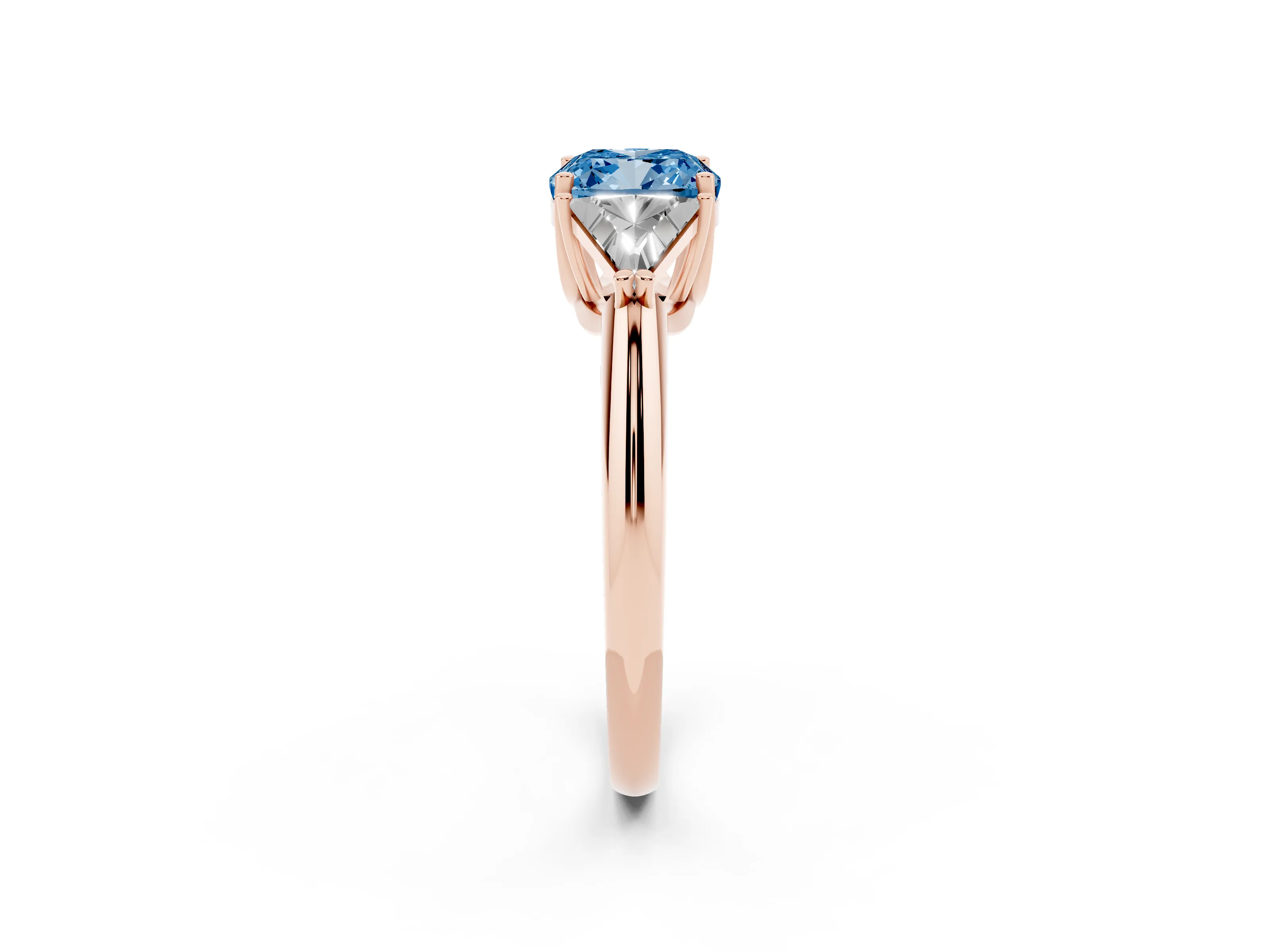 Fancy Blue Cushion Cut Diamond Three-Stone Engagement Ring Set in Rose gold with Trillion Side Stones