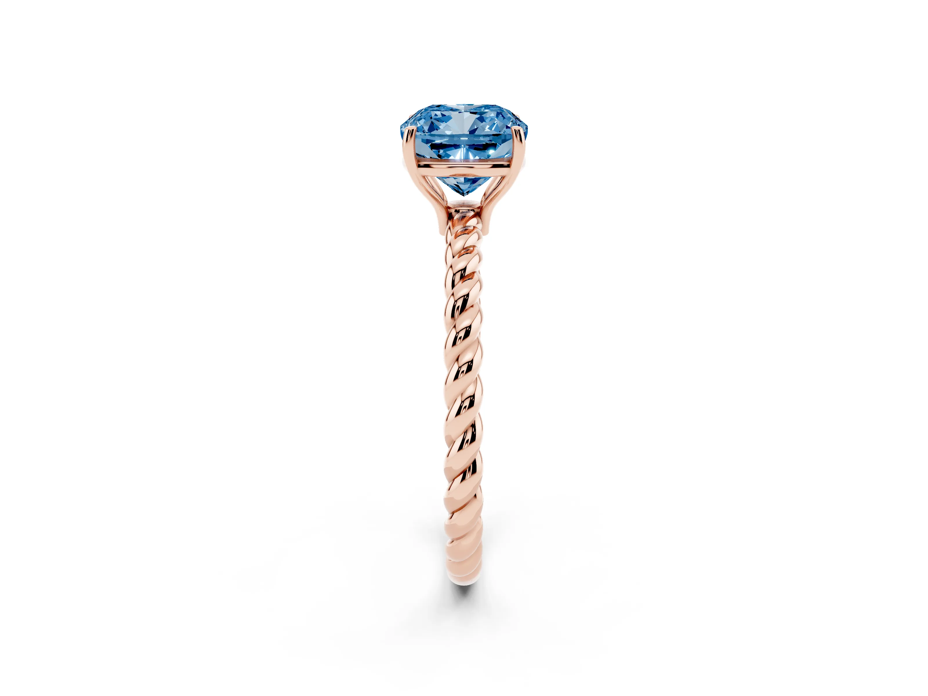 Fancy Blue Cushion Cut Diamond Solitaire Ring Set in Rose gold with Twist Band and Prong Setting
