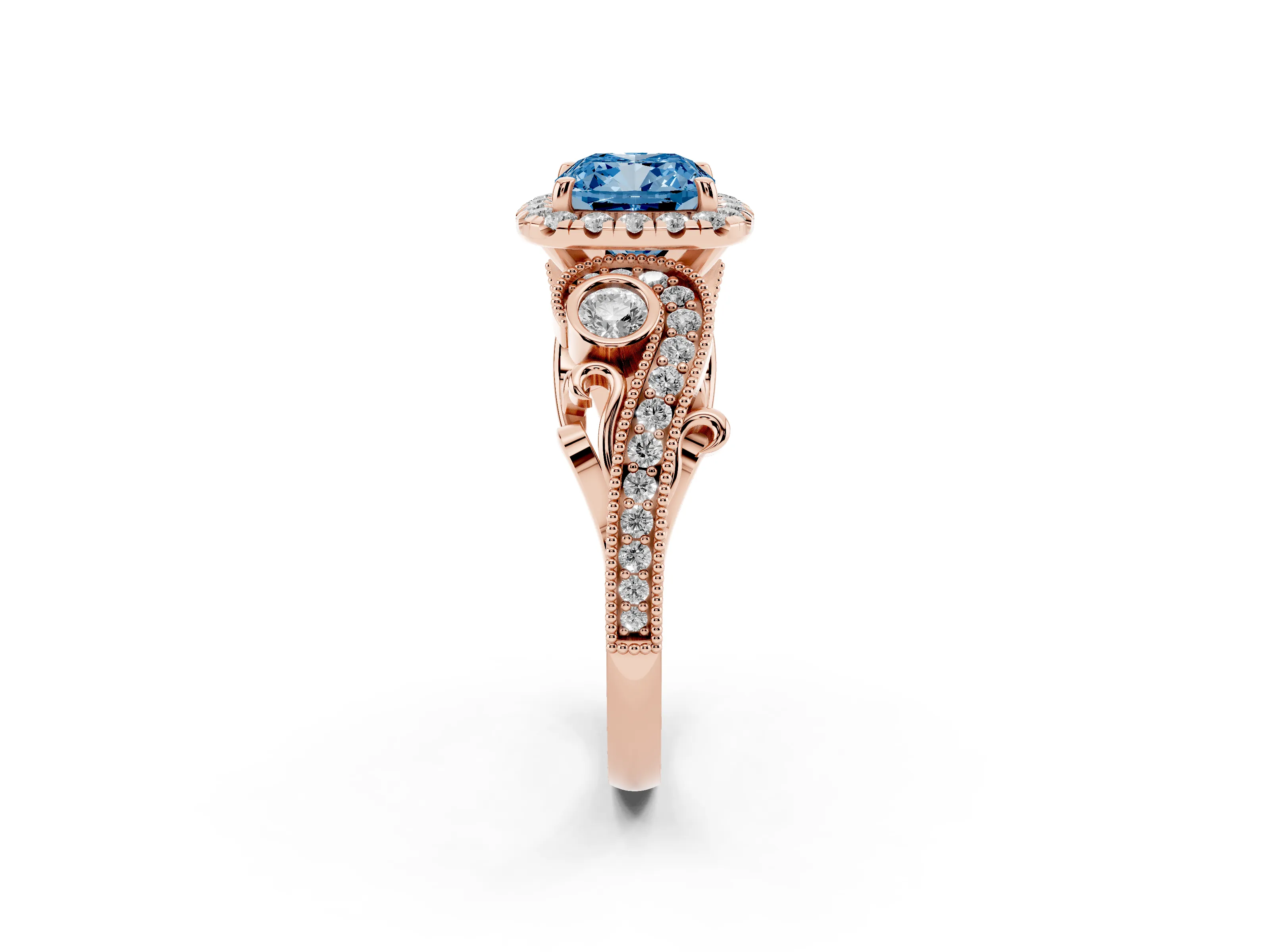 Fancy Blue Cushion Cut Diamond Halo Ring Set in Rose gold with Milgrain Pavé Band and Prong Setting