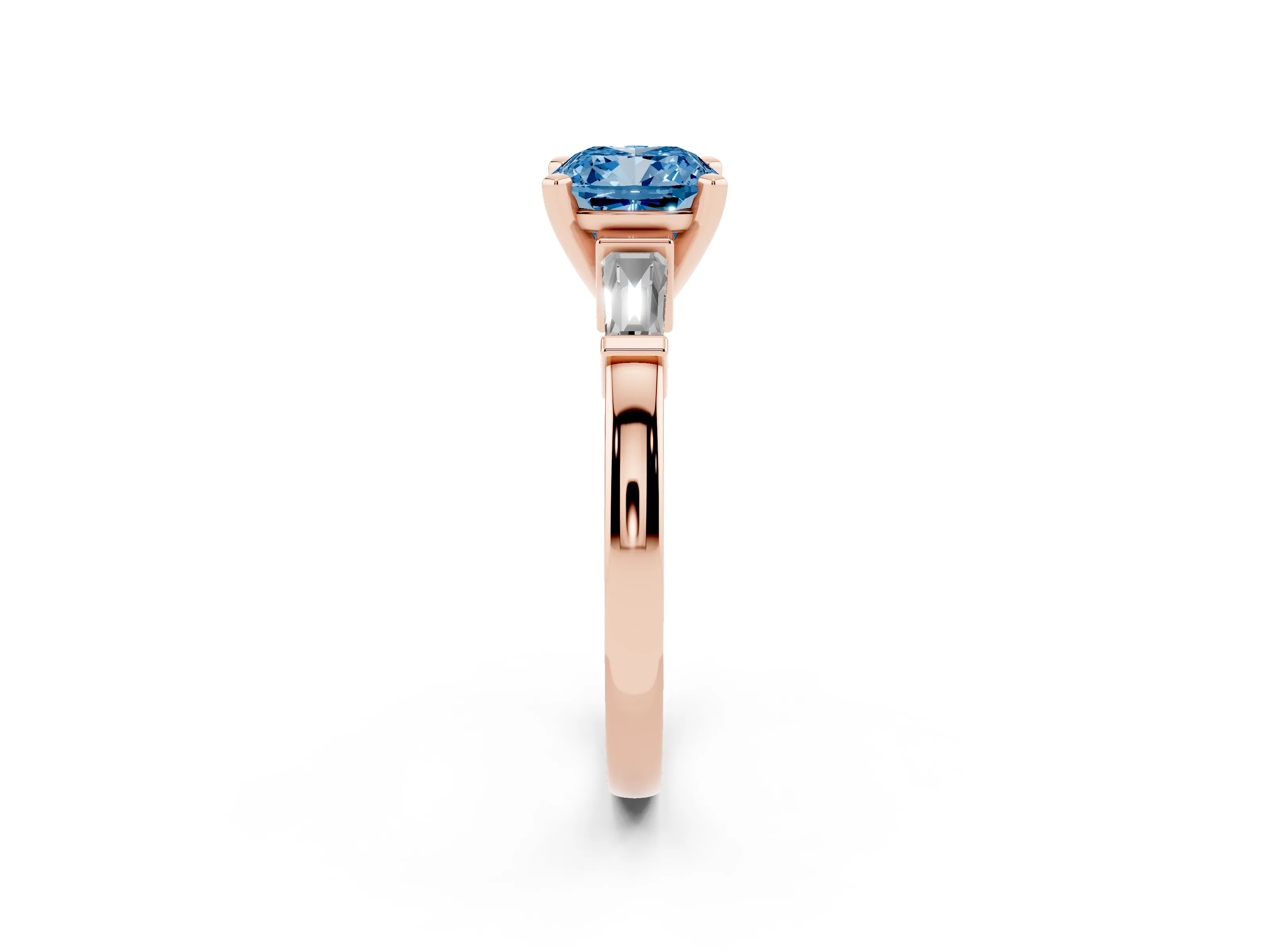Fancy Blue Cushion Cut Diamond Solitaire Ring Set in Rose gold with Tapered Baguette Accents and Prong Setting