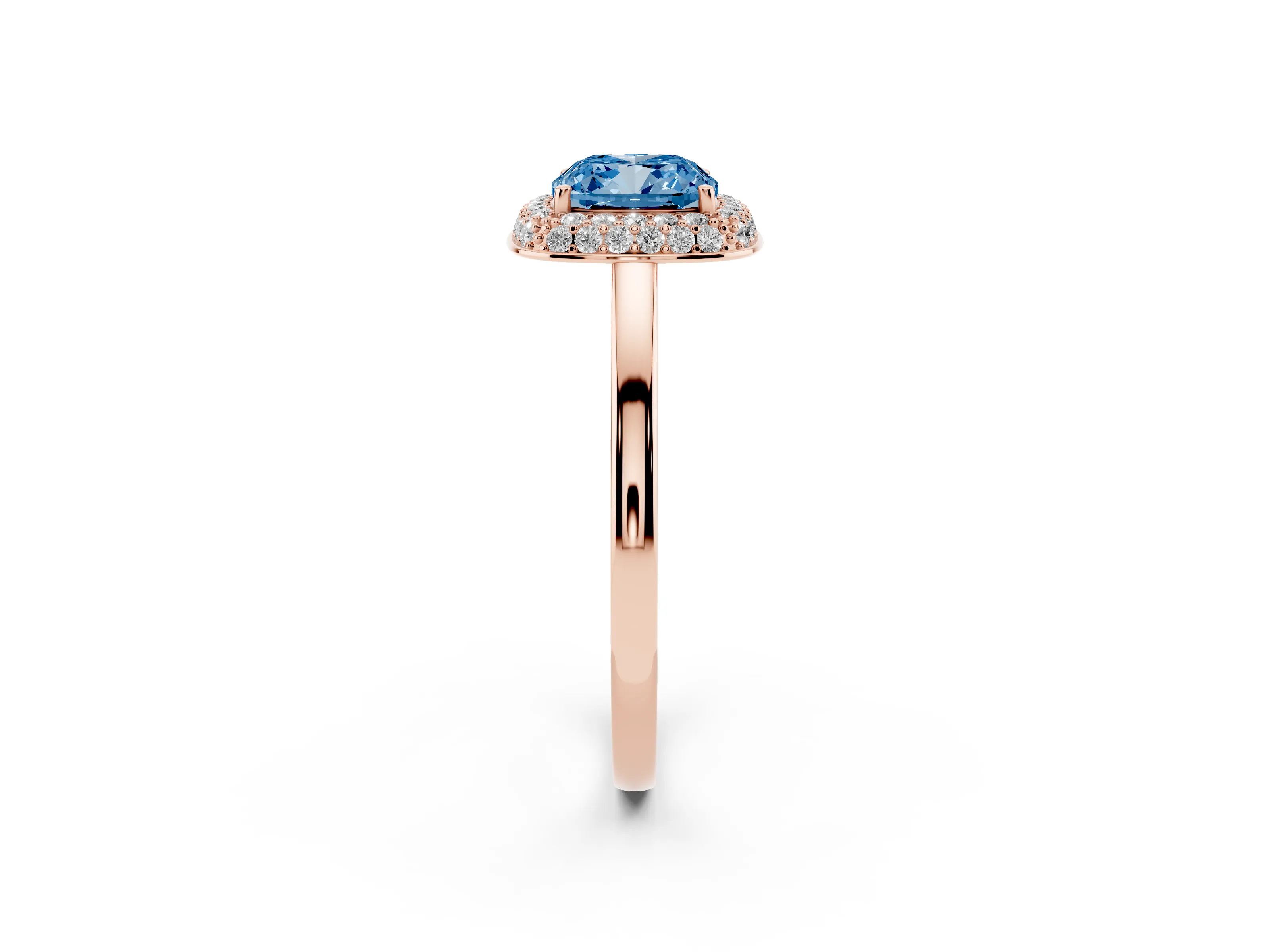 Fancy Blue Cushion Cut Diamond Halo Engagement Ring Set in Rose gold with Solitaire Band and Prong Setting
