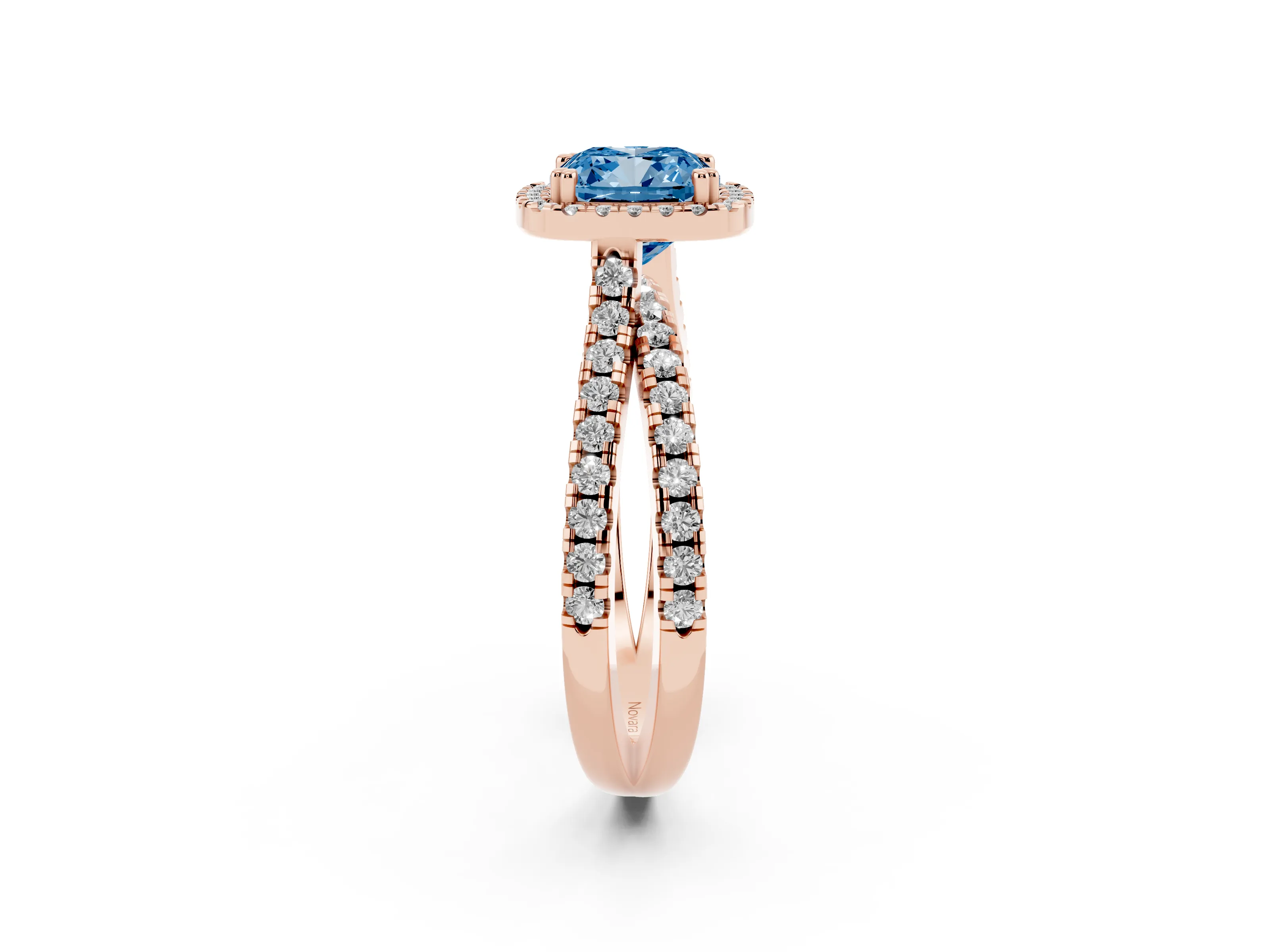 Fancy Blue Cushion Cut Diamond Halo Split Shank Ring Set in Rose gold with Pavé Setting