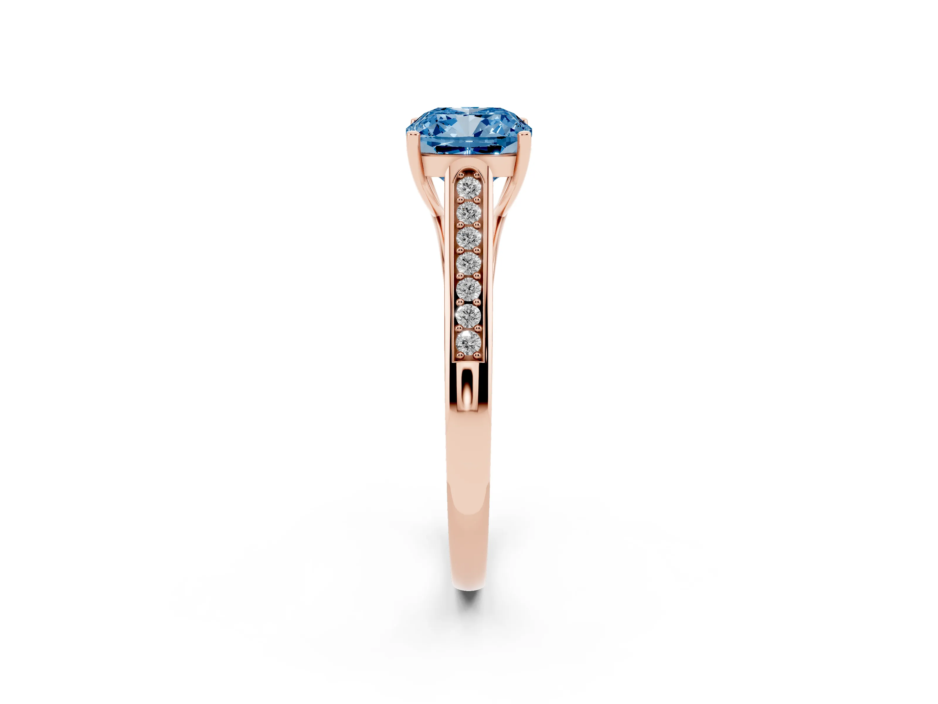 Fancy Blue Cushion Cut Diamond Solitaire Cathedral Engagement Ring Set in Rose gold with Channel-Set Band and Prong Setting