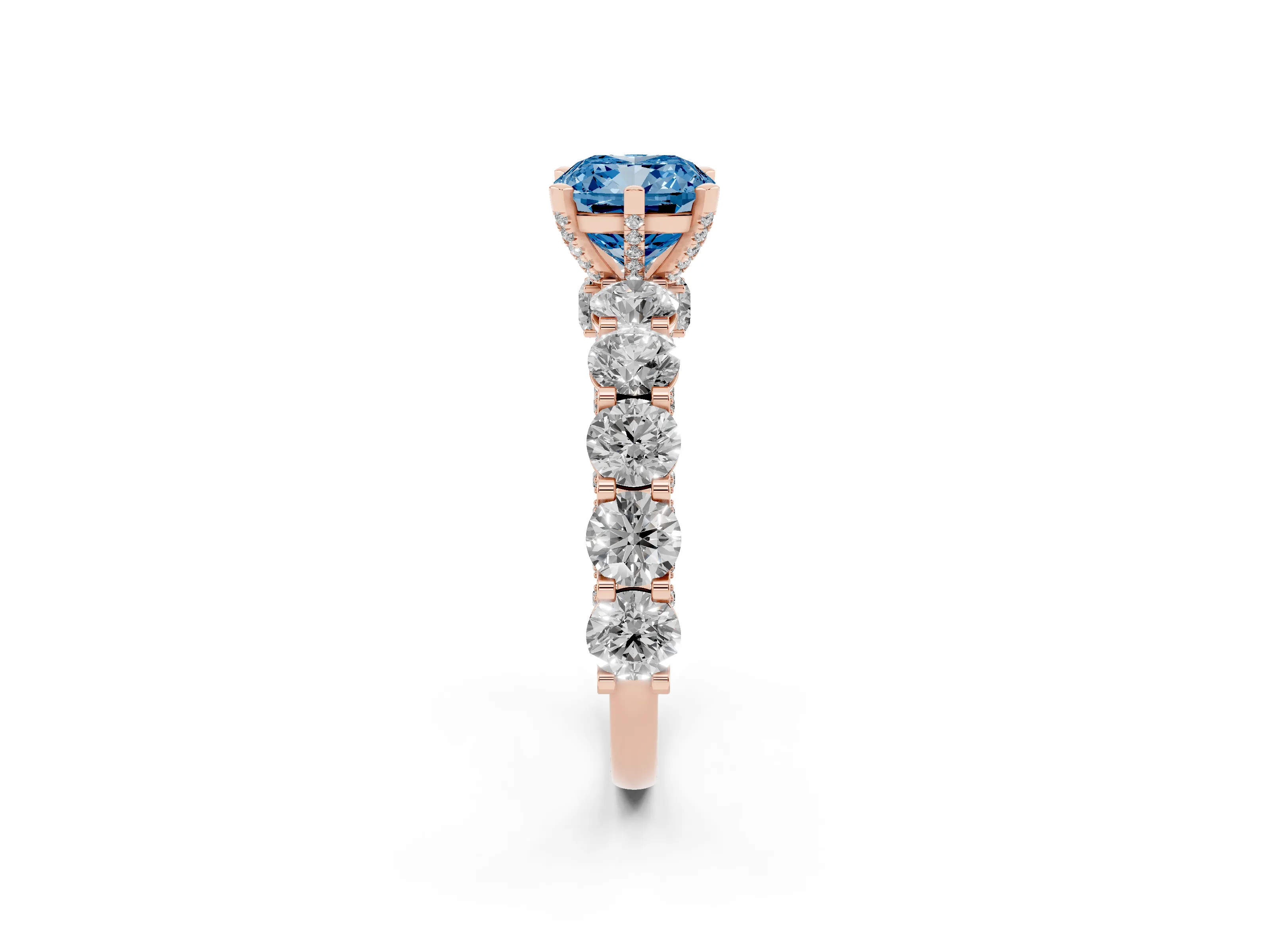 Fancy Blue Cushion Cut Diamond Side Stone Ring Set in Rose gold with Alternating Round and Oval Side Stones