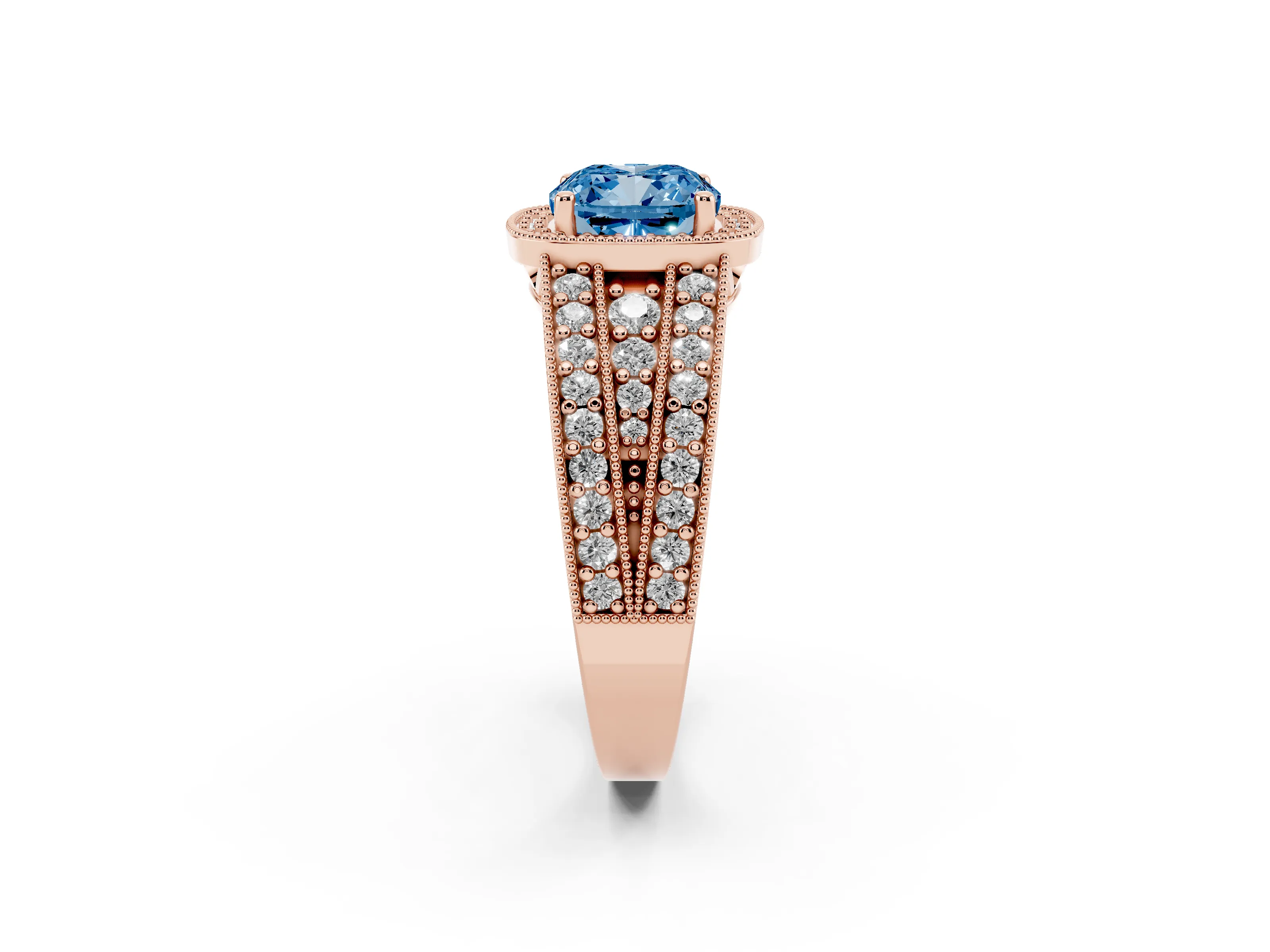 Fancy Blue Cushion Cut Diamond Halo Ring Set in Rose gold with Accent Split Shank and Prong Setting