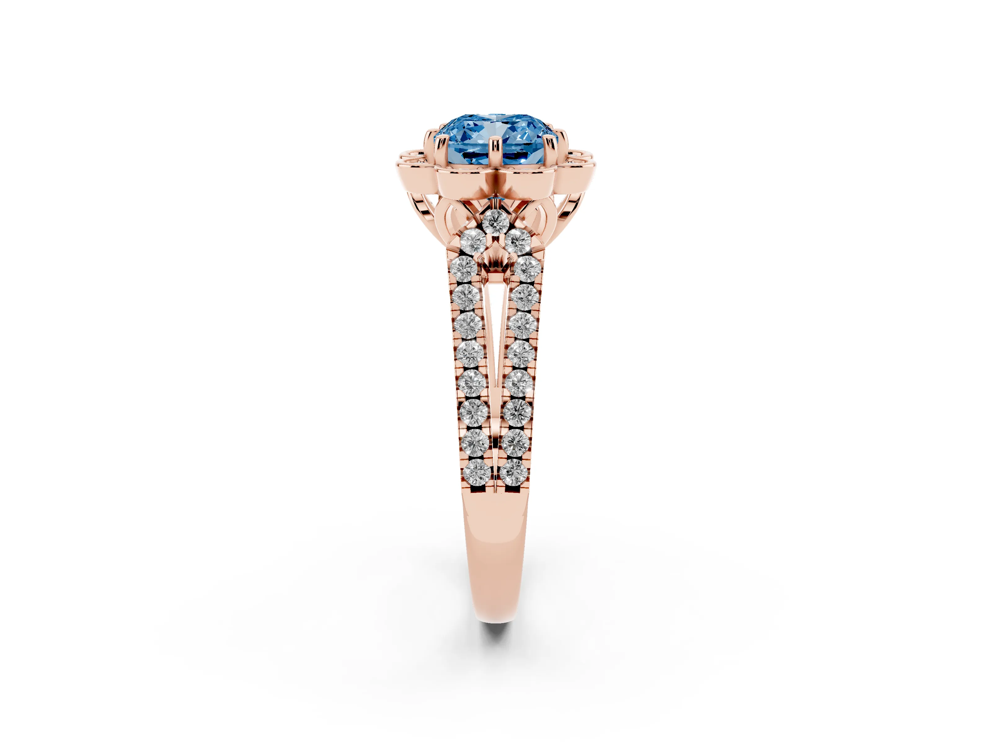 Fancy Blue Cushion Cut Diamond Floral Halo Split Shank Engagement Ring Set in Rose gold with Pavé Shank