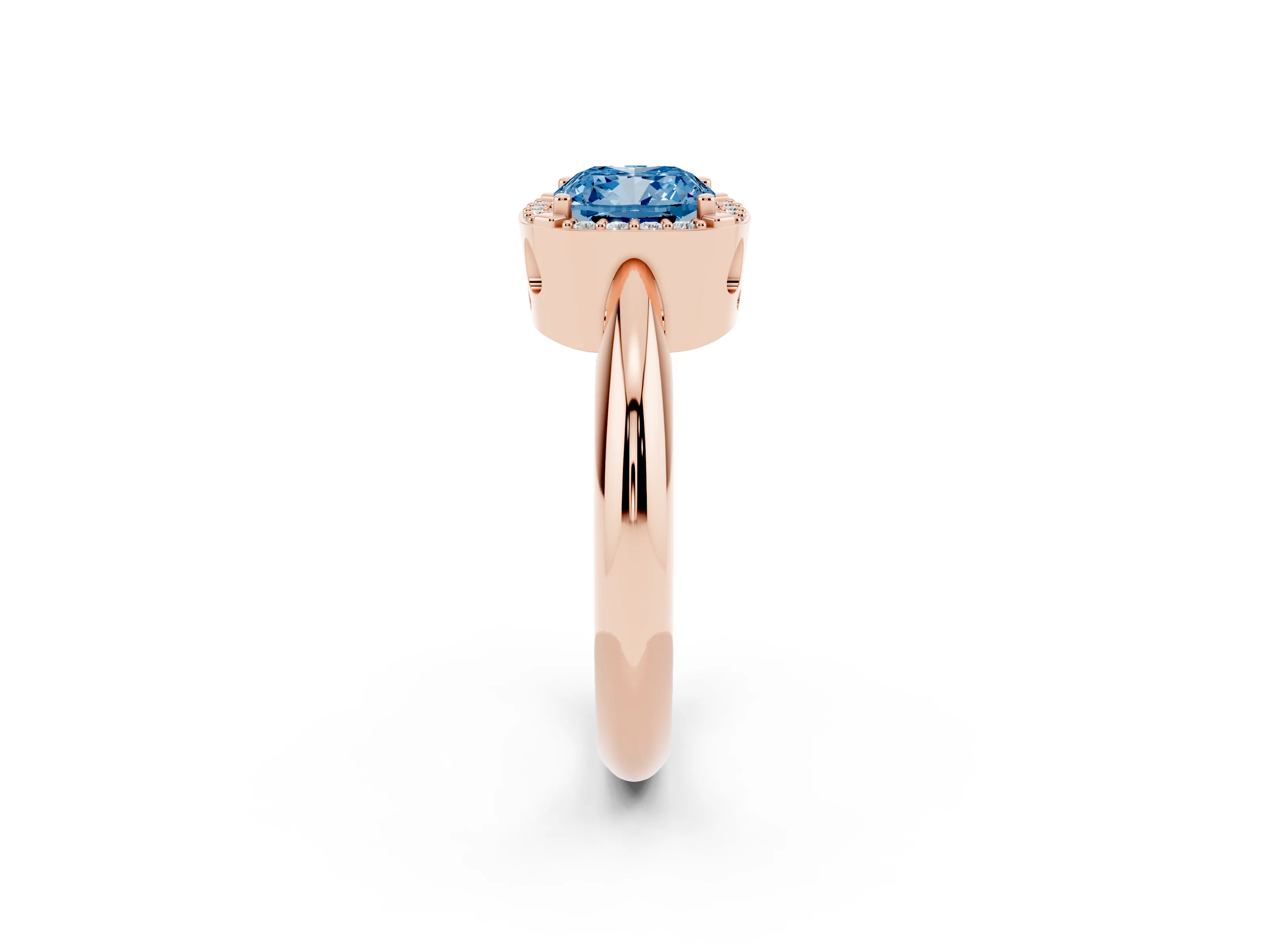 Fancy Blue Cushion Cut Diamond Halo Engagement Ring Set in Rose gold with Plain Split Shank and Prong Setting