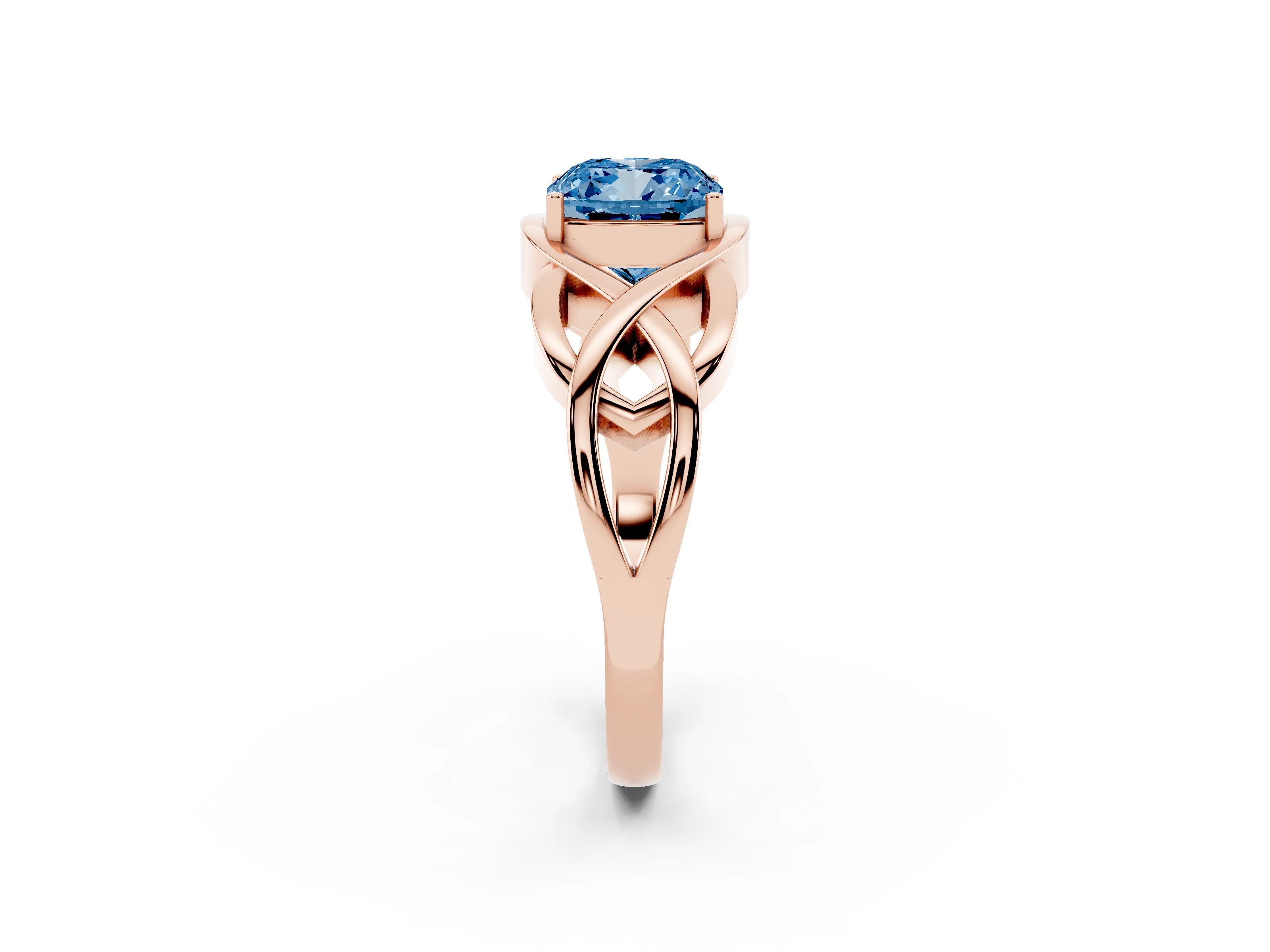Fancy Blue Cushion Cut Diamond Solitaire Ring Set in Rose gold with Intertwined Band