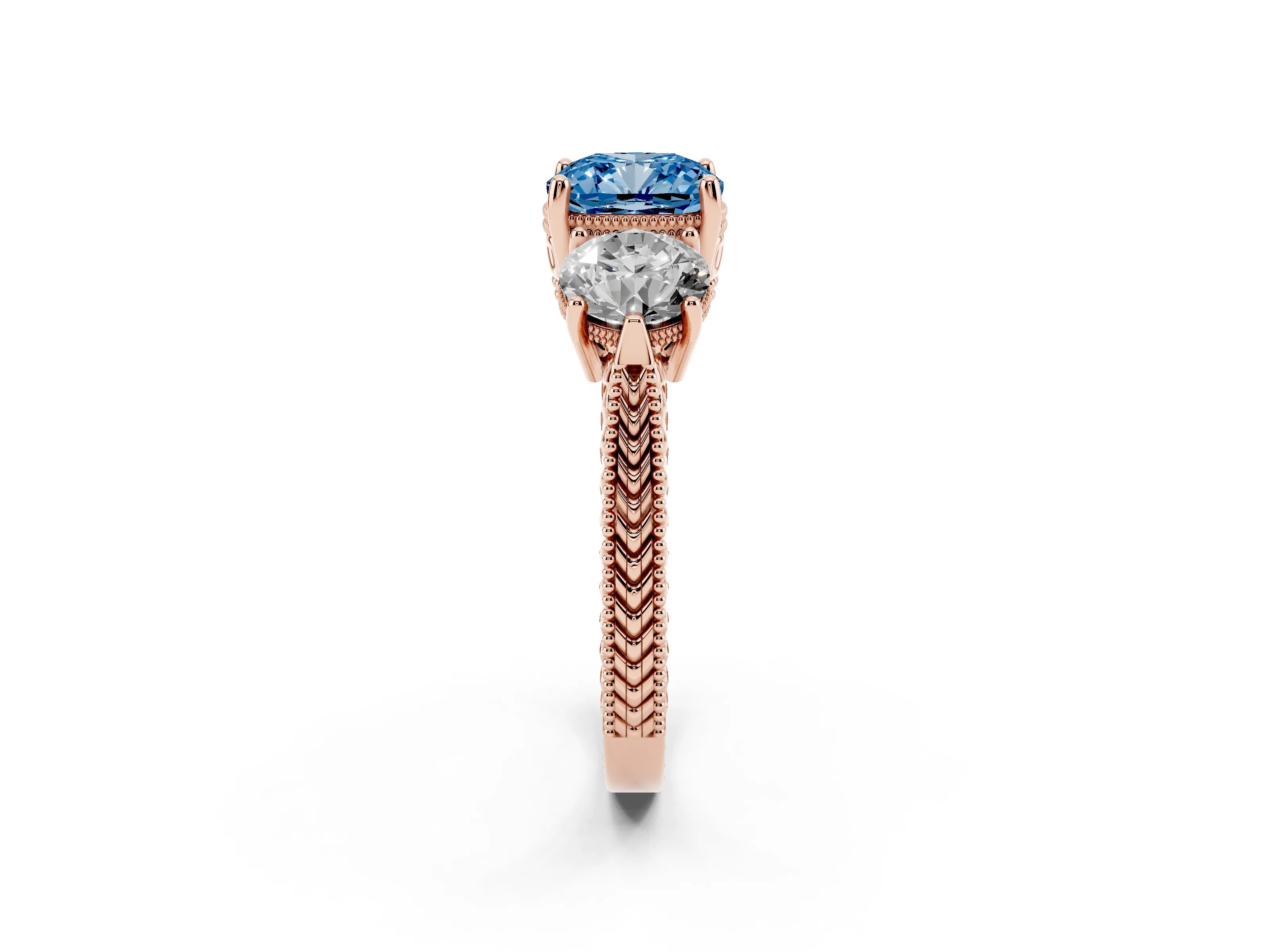 Fancy Blue Cushion Cut Diamond Three-Stone Ring Set in Rose gold with Milgrain Band