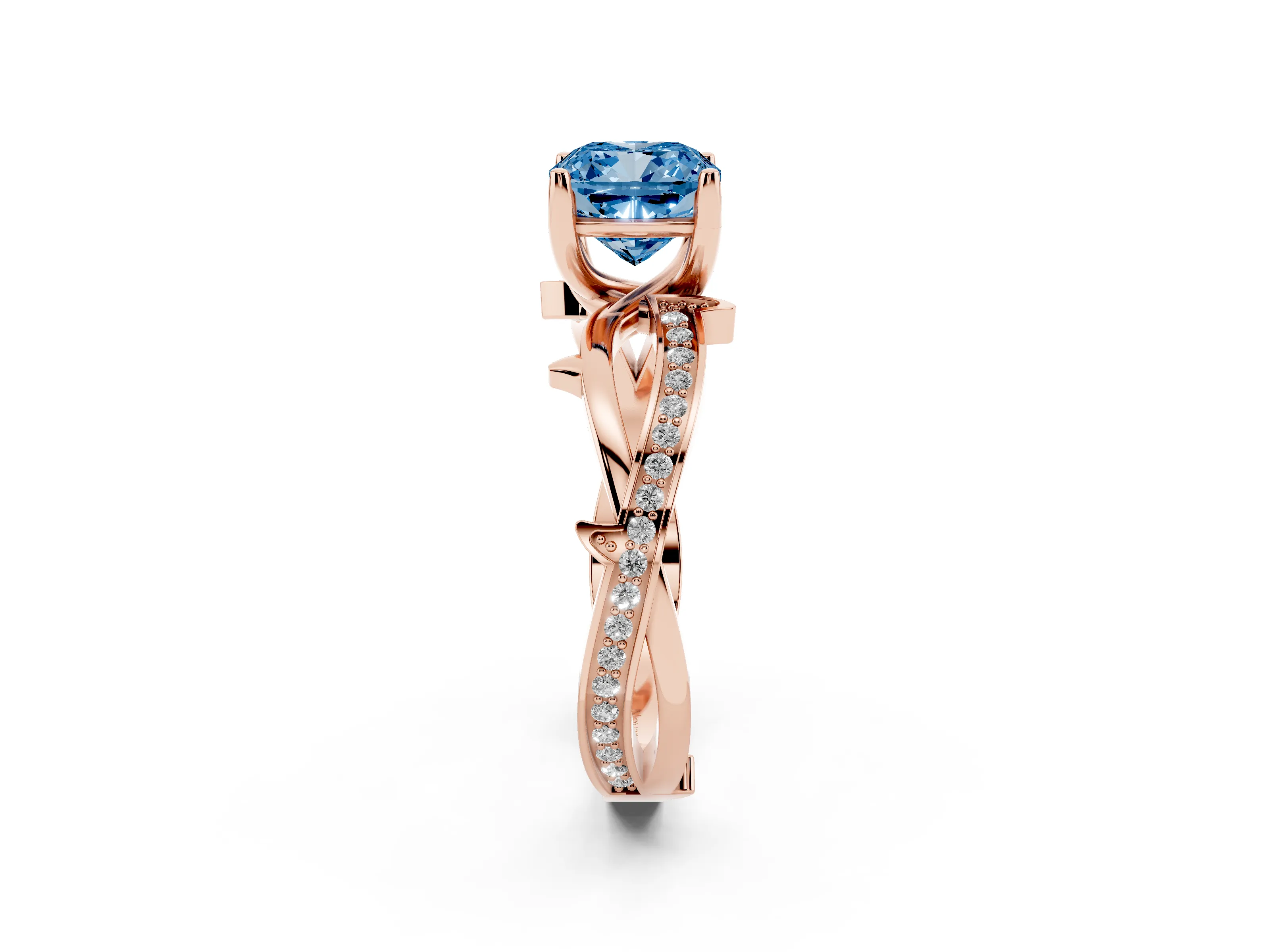 Fancy Blue Cushion Cut Diamond Pavé Twist Band Solitaire Ring Set in Rose gold with Prong Setting