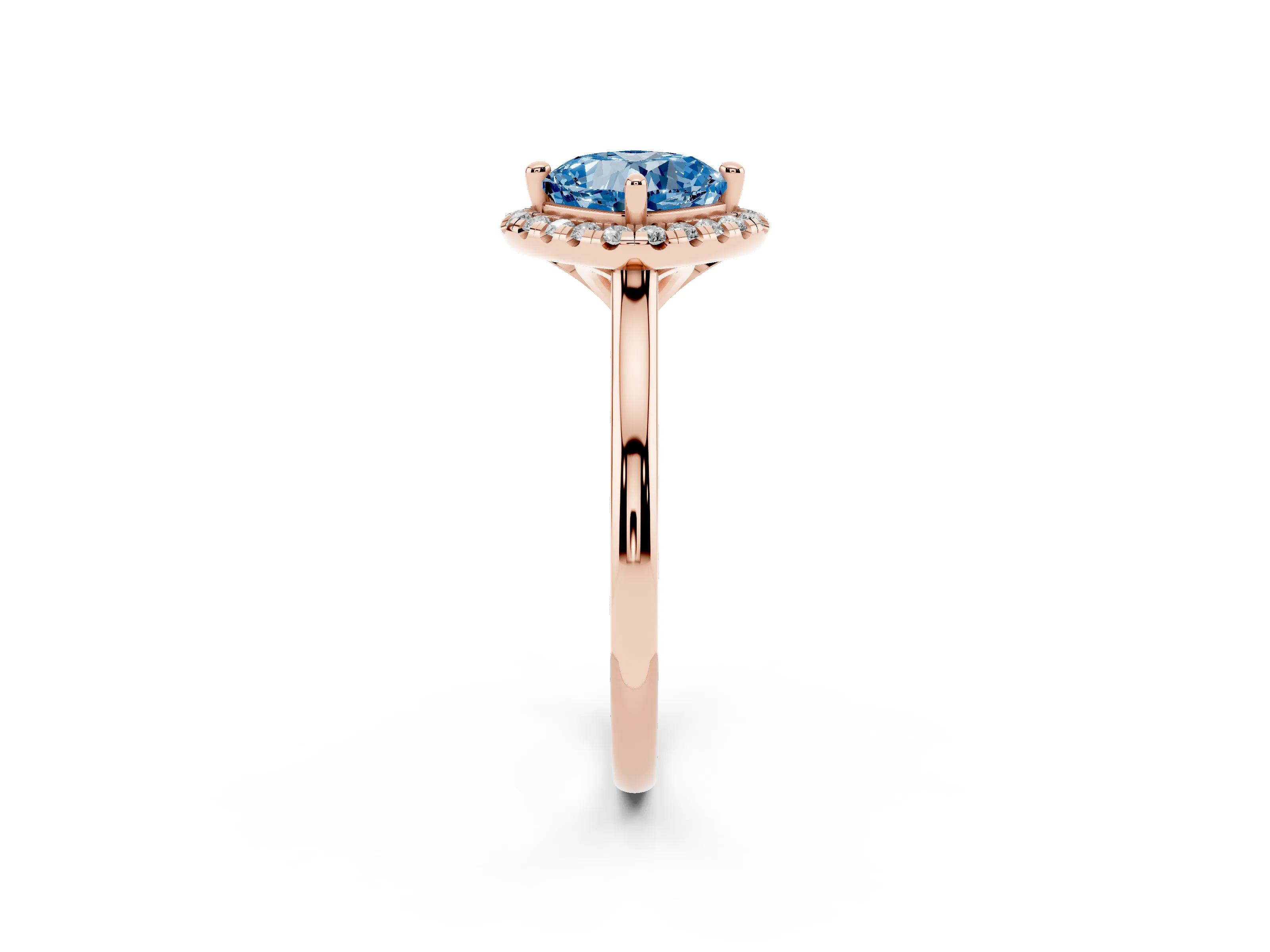 Fancy Blue Cushion Cut Diamond Halo Engagement Ring Set in Rose gold with Pavé Band and Rising Shoulders