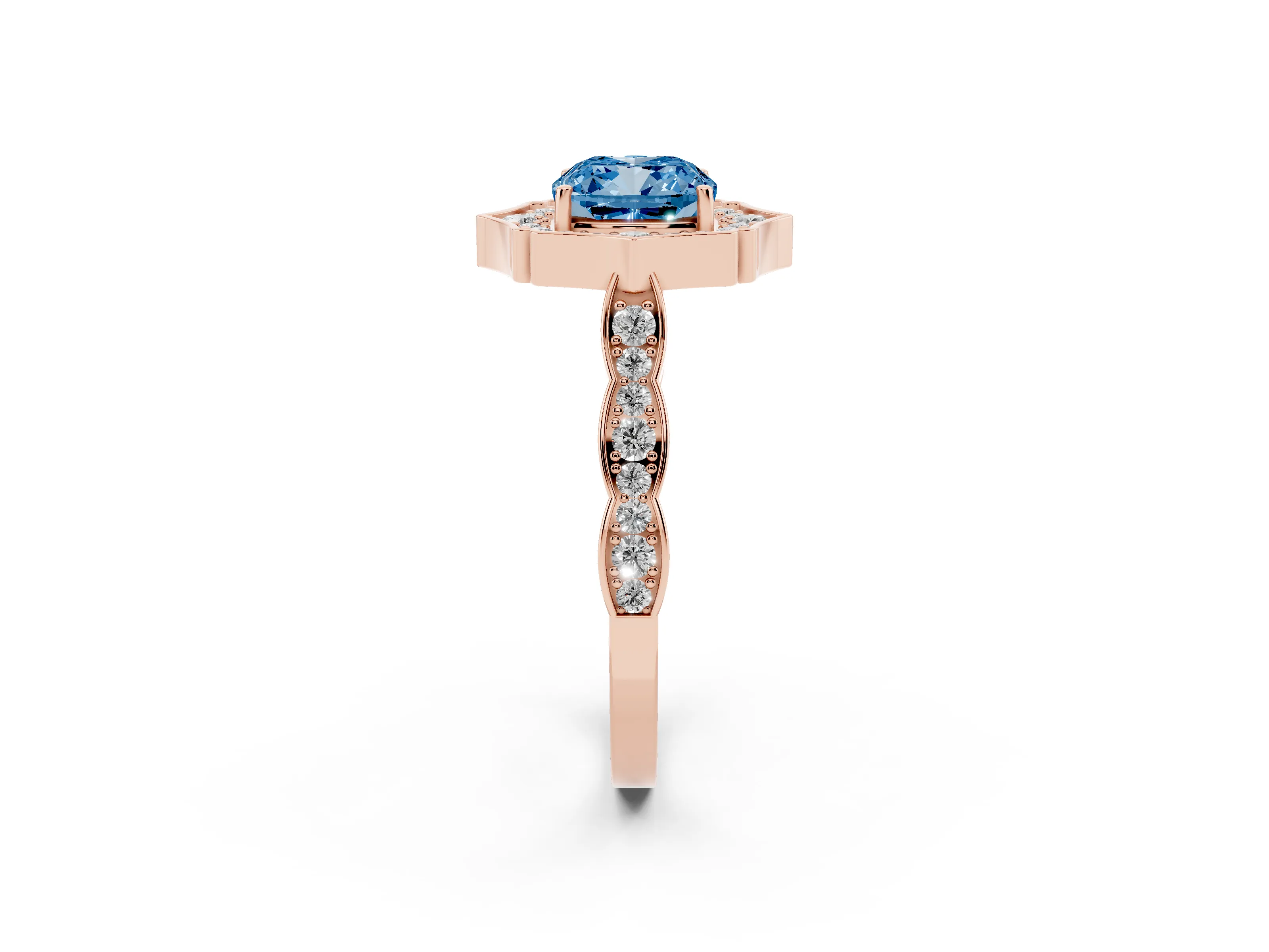 Fancy Blue Cushion Cut Diamond Halo Engagement Ring Set in Rose gold with Milgrain Band and Prong Setting