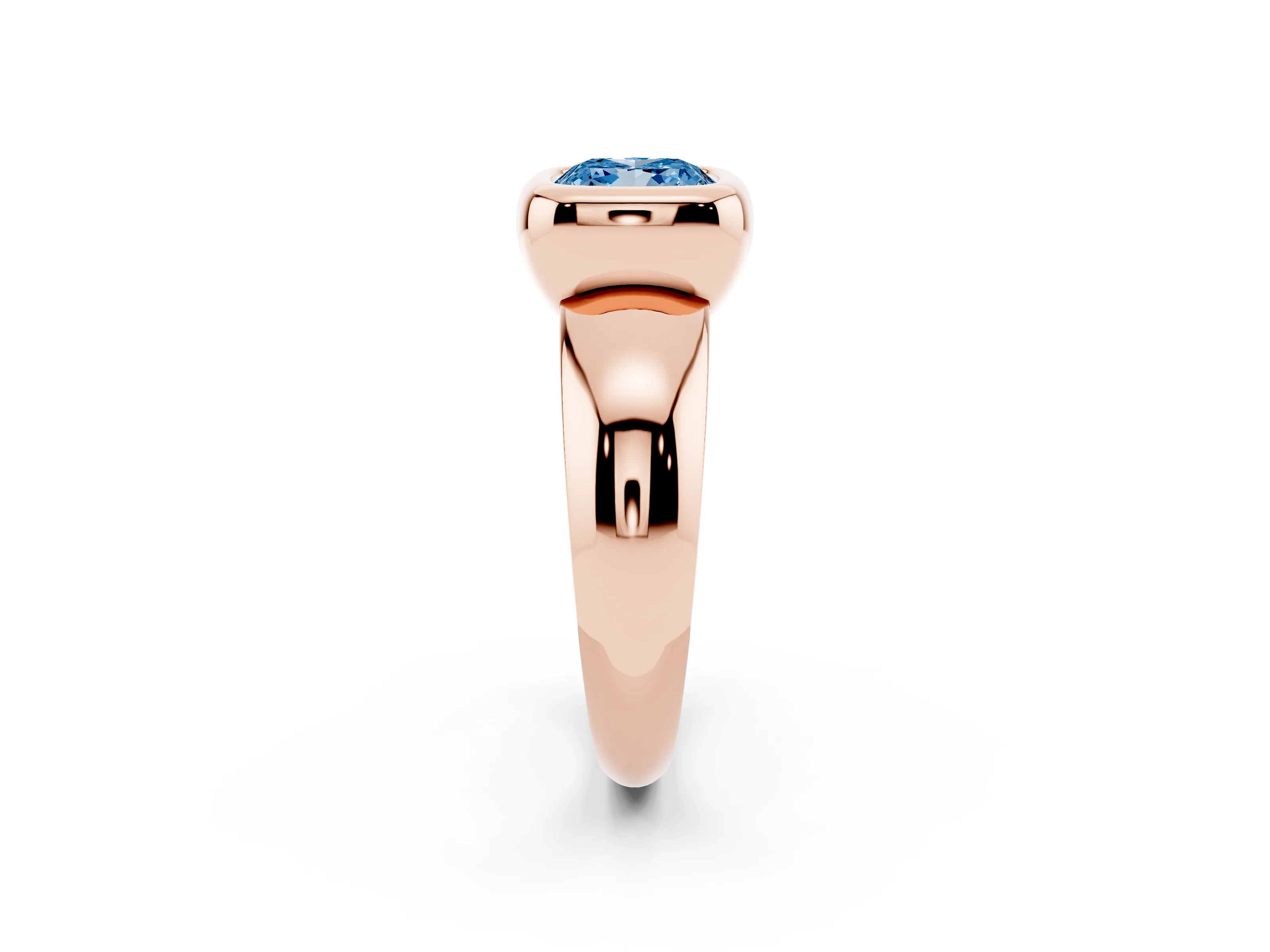 Fancy Blue Bezel Set Cushion Cut Diamond Solitaire Ring Set in Rose gold with Wide Band