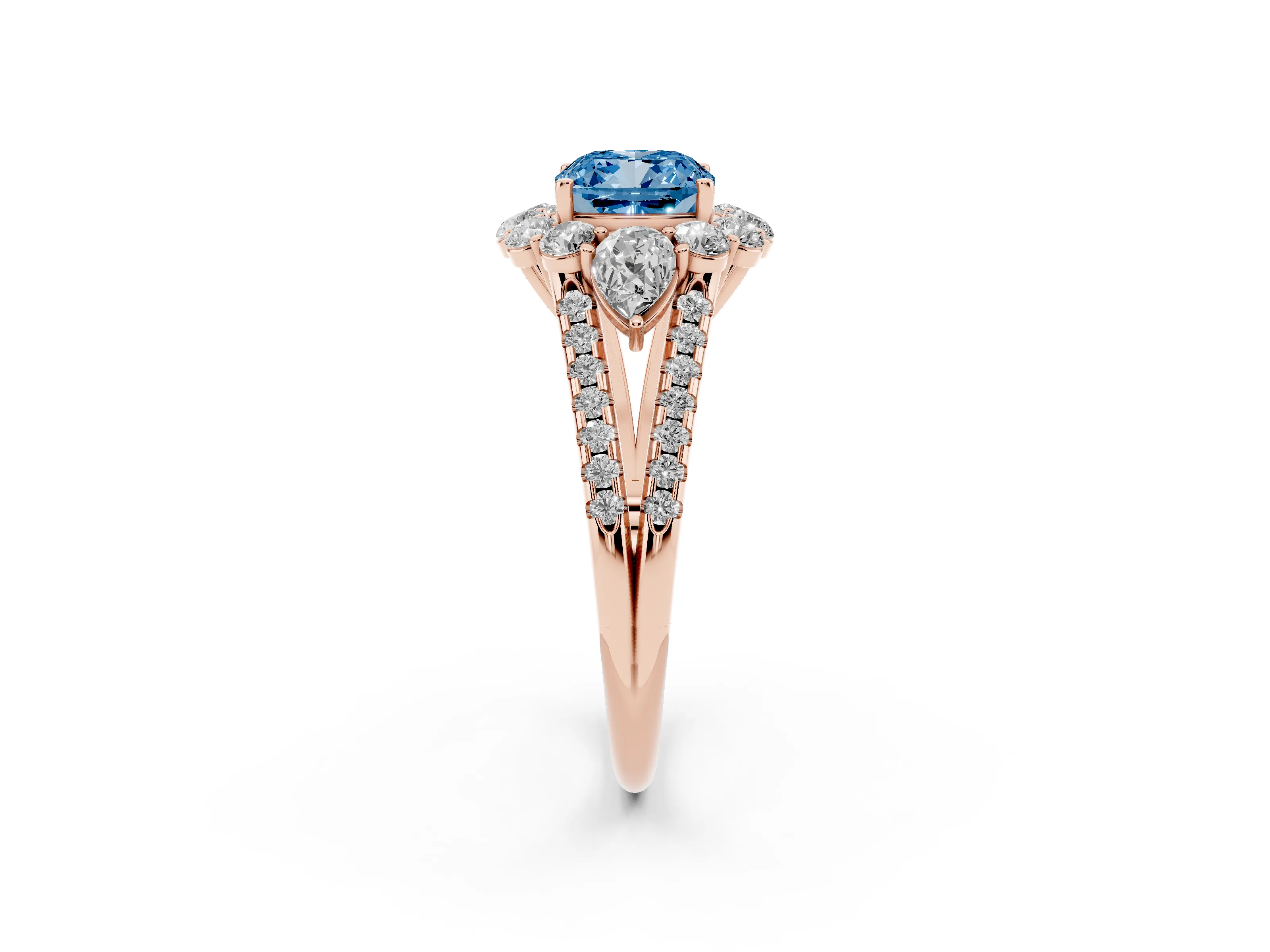 Fancy Blue Cushion Cut Diamond Halo Split Shank Engagement Ring Set in Rose gold with Prong-Held Center Stone