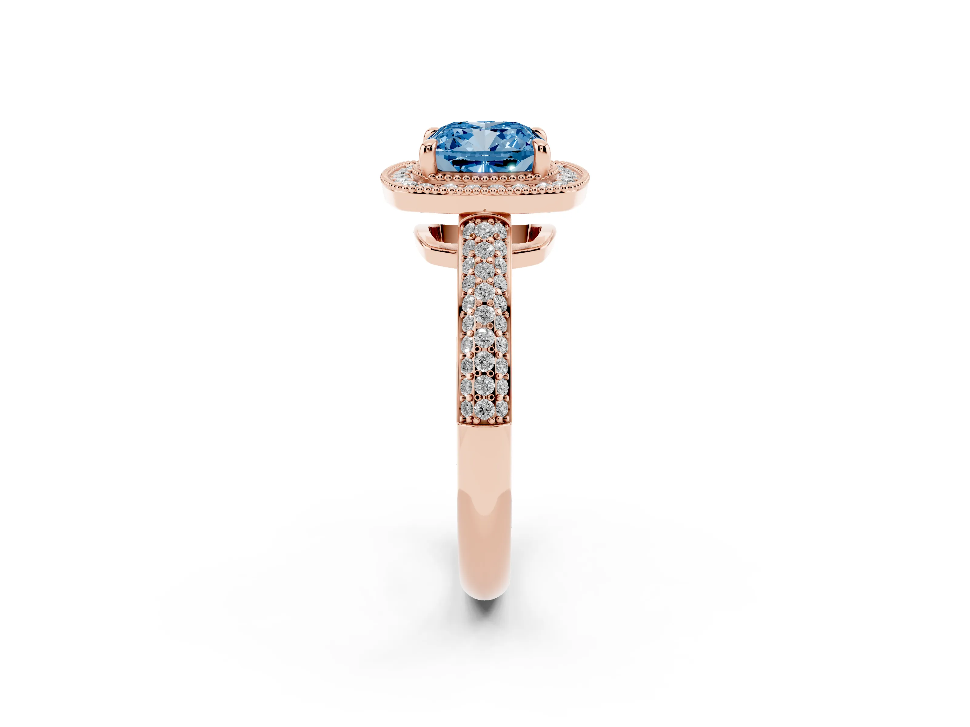 Fancy Blue Cushion Cut Diamond Halo Pavé Band Set in Rose gold with Prong Setting