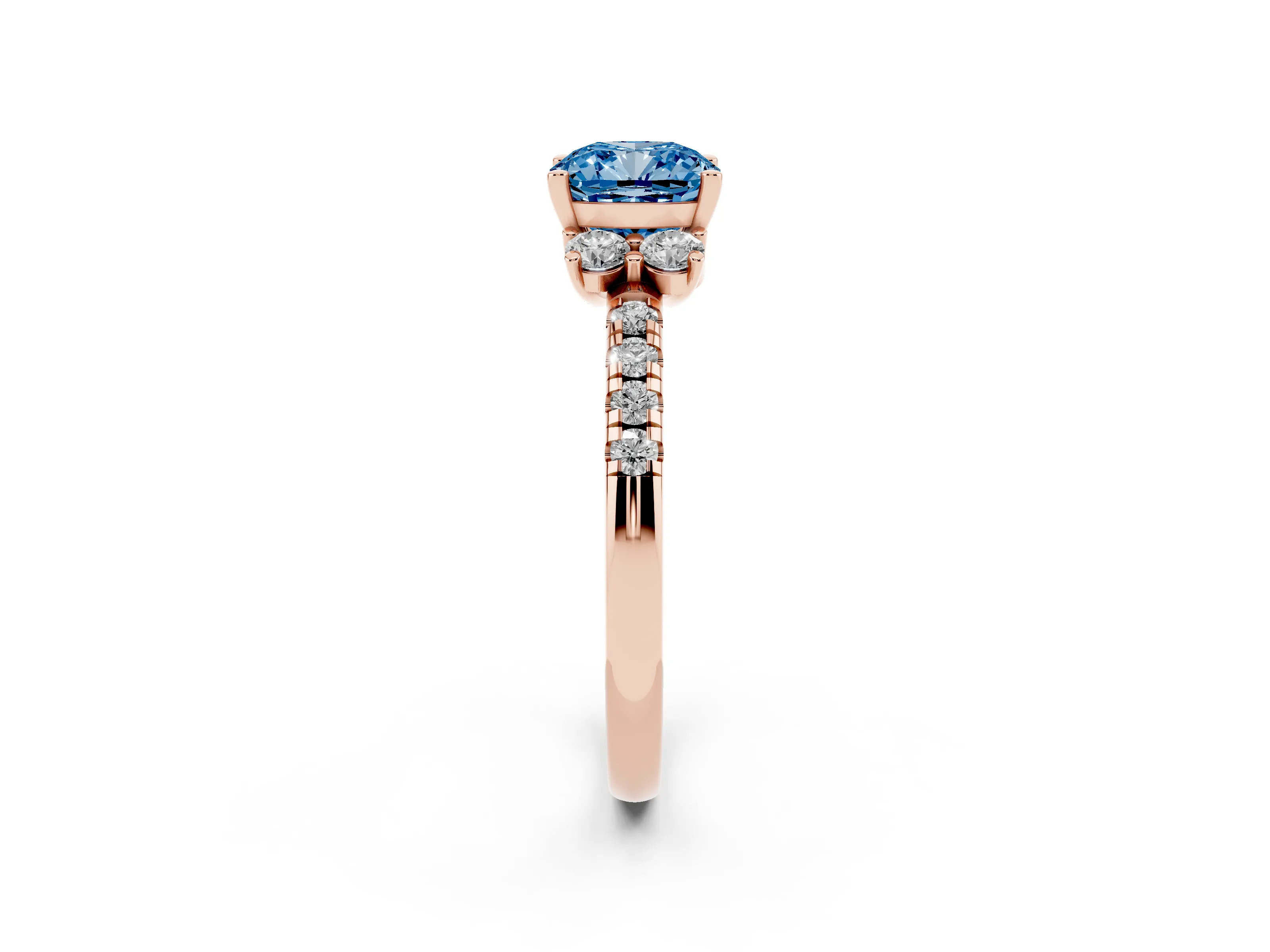 Fancy Blue Cushion Cut Diamond Three-Stone Pavé Ring Set in Rose gold with Prong Setting