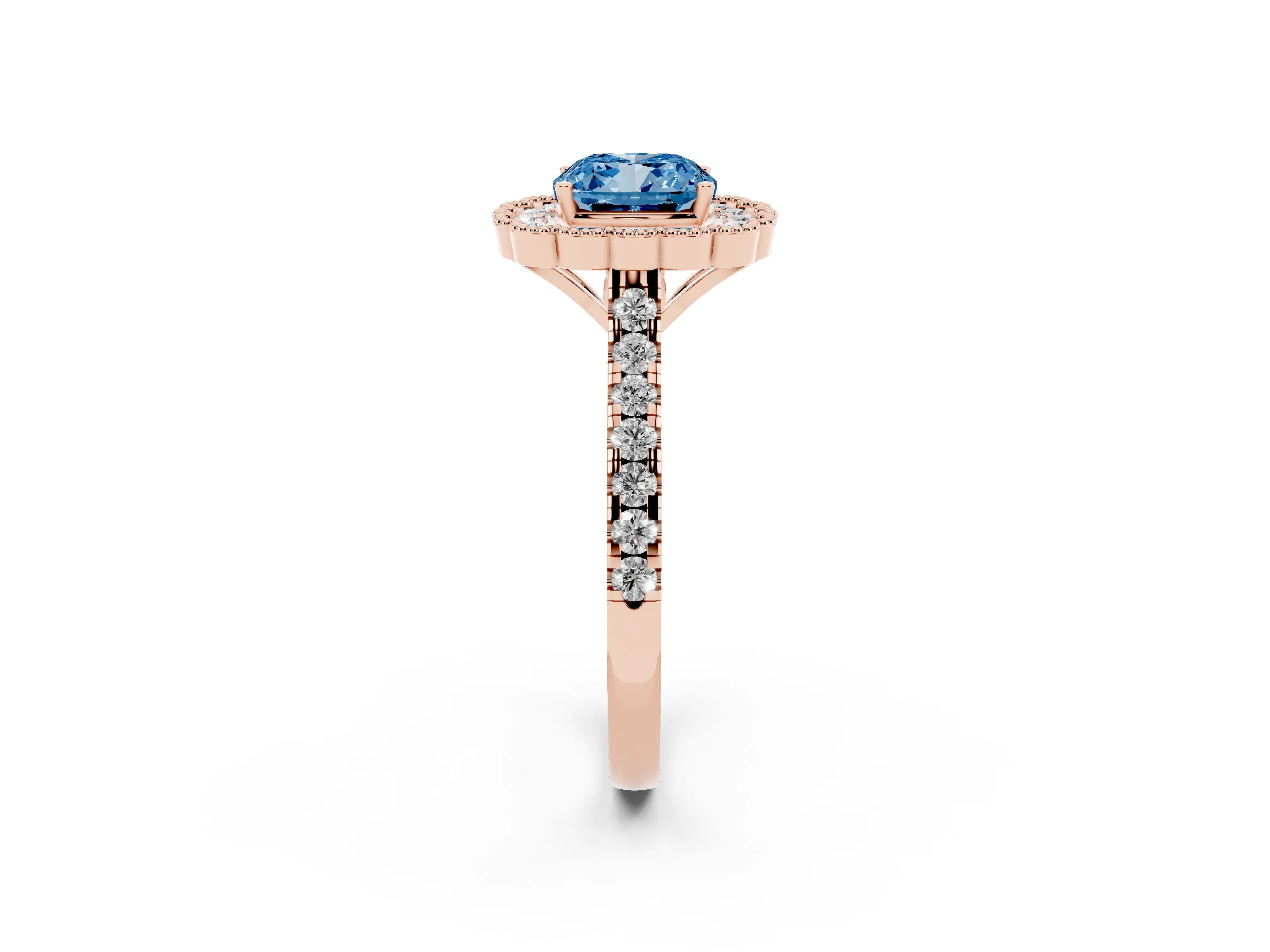 Fancy Blue Cushion Cut Diamond Milgrain Floral Halo Engagement Ring Set in Rose gold with Pavé Band