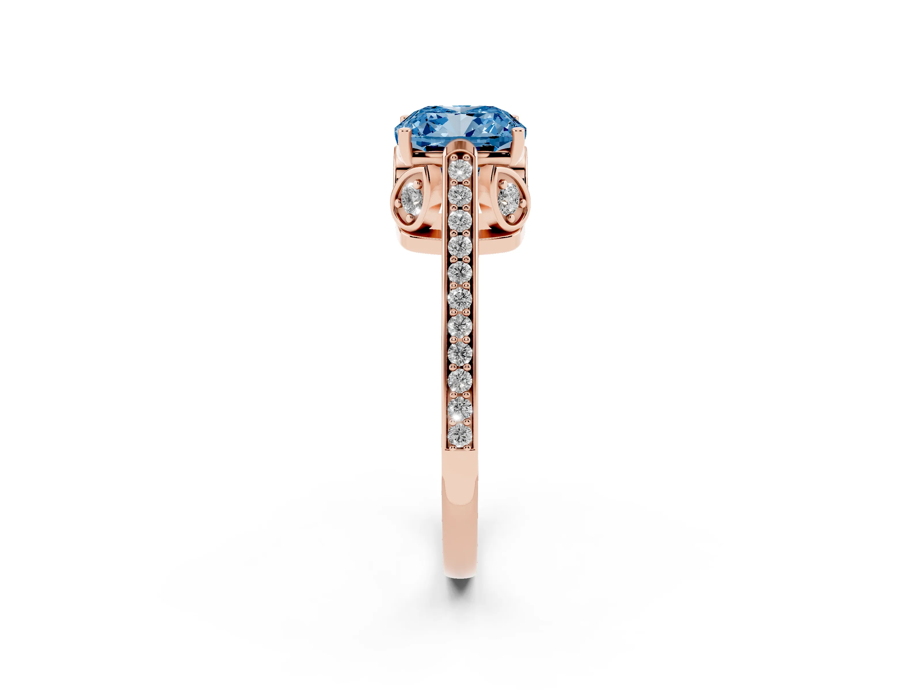 Fancy Blue Cushion Cut Diamond Cathedral Pavé Engagement Ring Set in Rose gold with Prong Setting