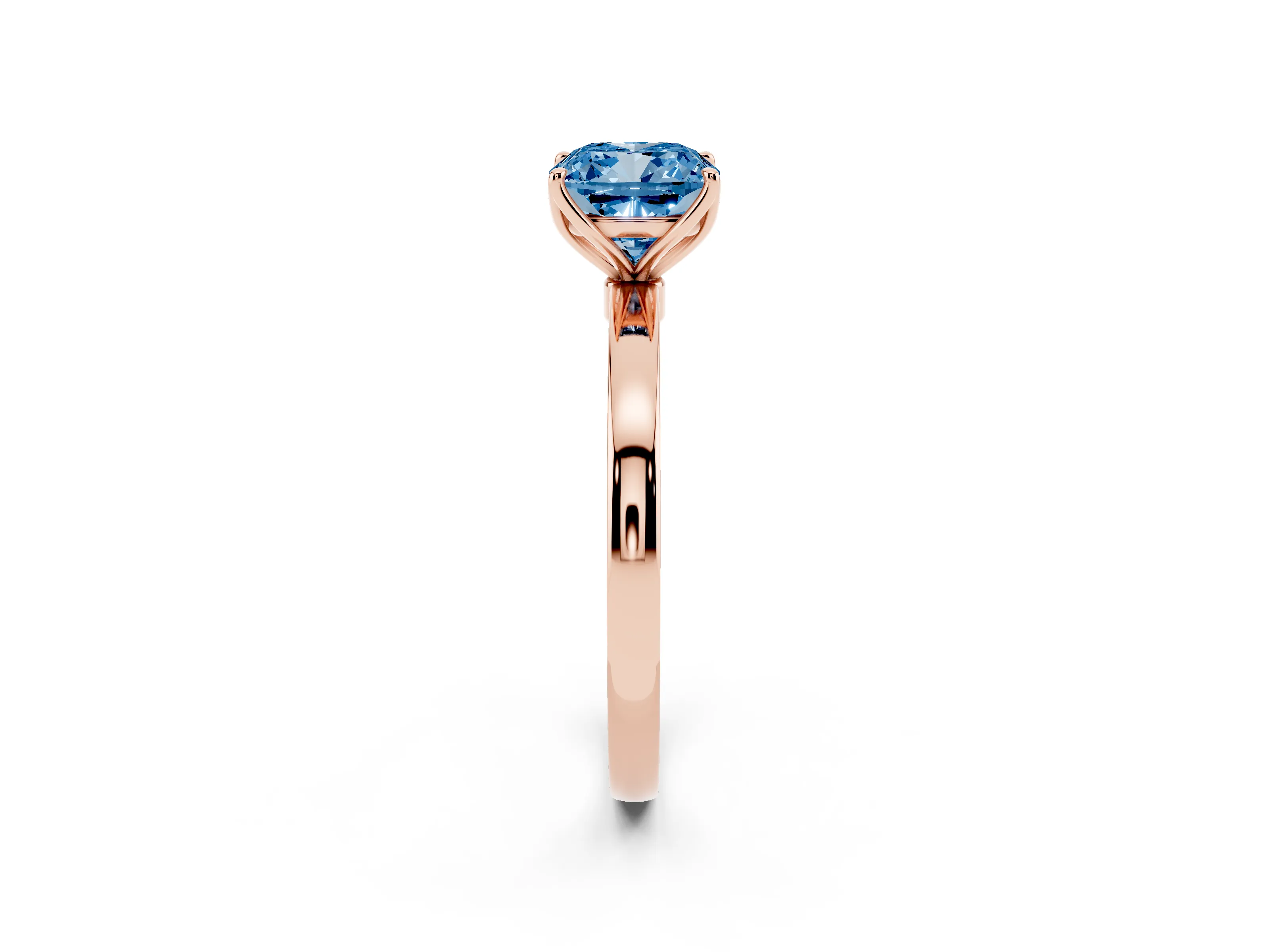 Fancy Blue Cushion Cut Diamond Solitaire Ring Set in Rose gold with Prong Setting and Thin Polished Band