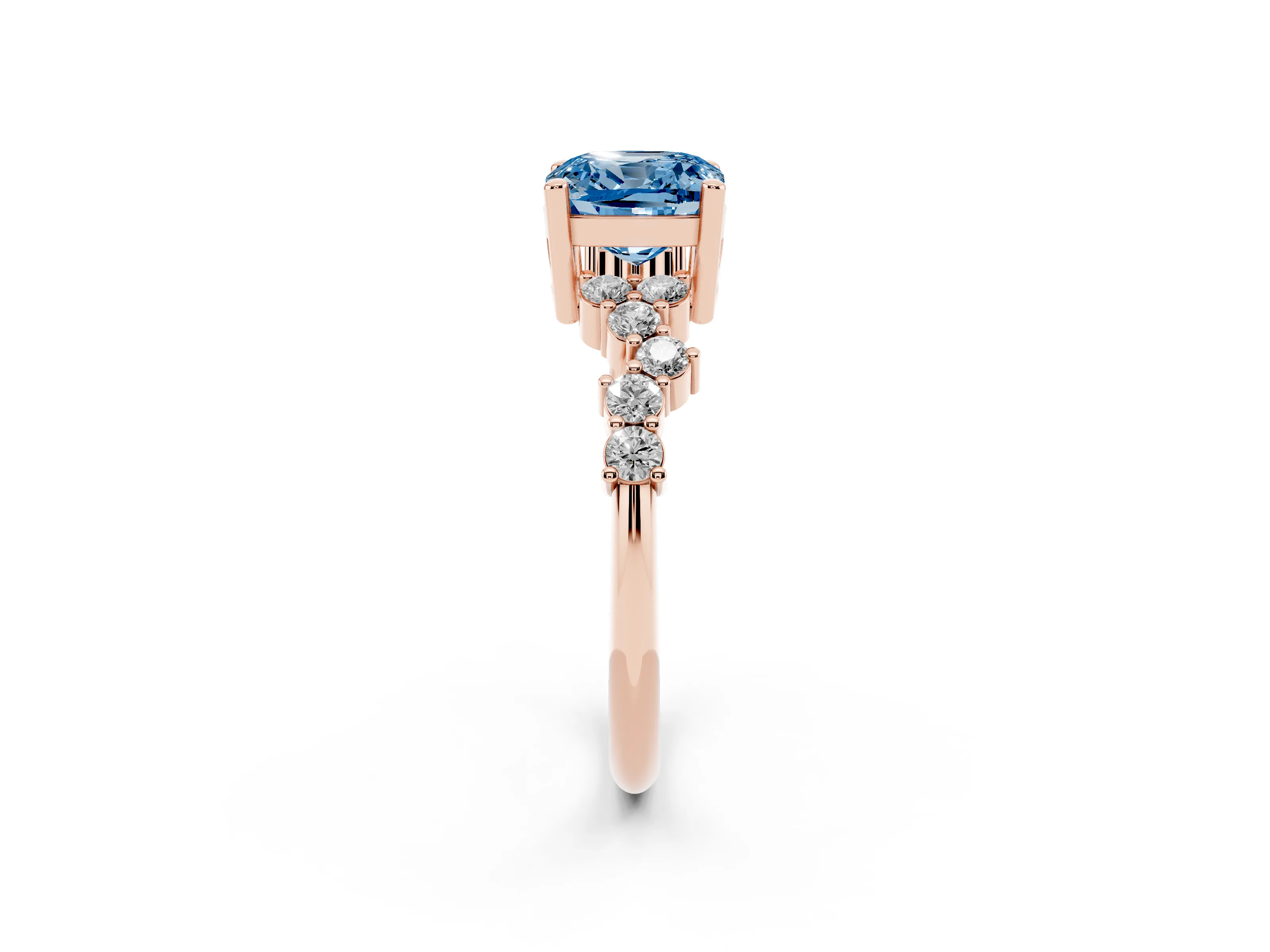 Fancy Blue Cushion Cut Diamond Ring Set in Rose gold with Scattered Round Accents