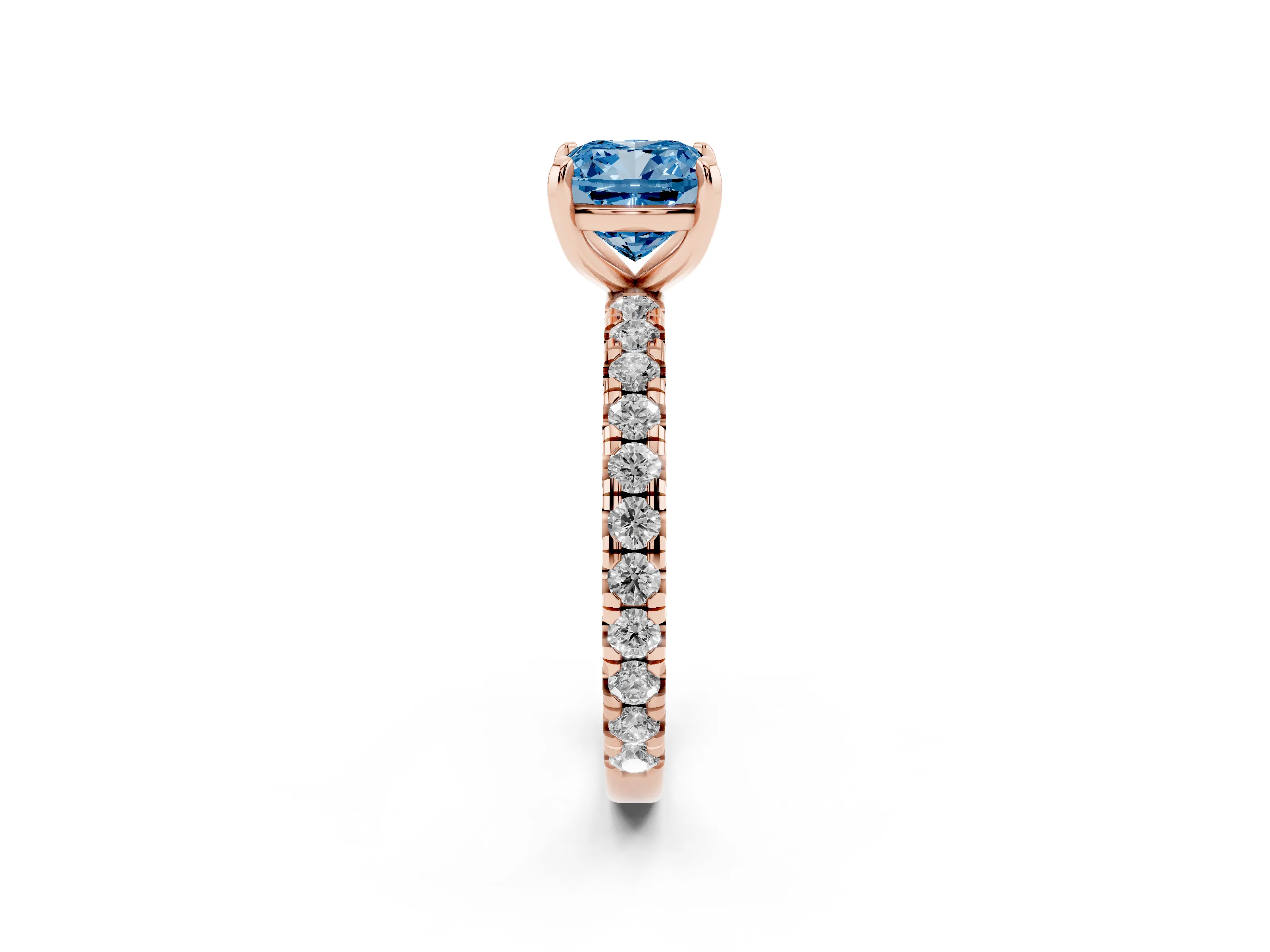 Fancy Blue Cushion Cut Diamond Pavé Solitaire Ring Set in Rose gold with Round Band and Prong Setting