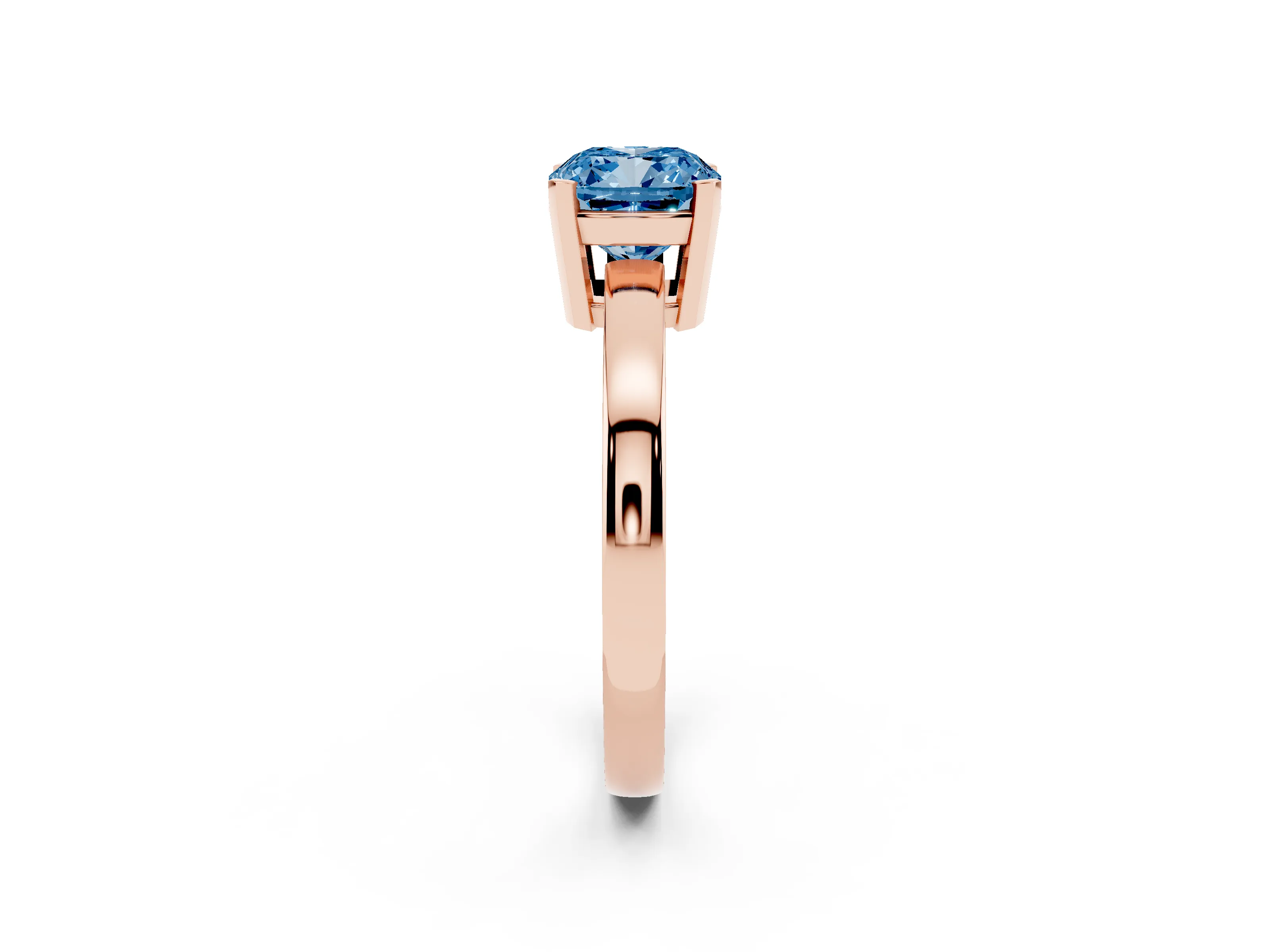 Fancy Blue Cushion Cut Diamond Solitaire Ring Set in Rose gold with Prong Head and Smooth Polished Band