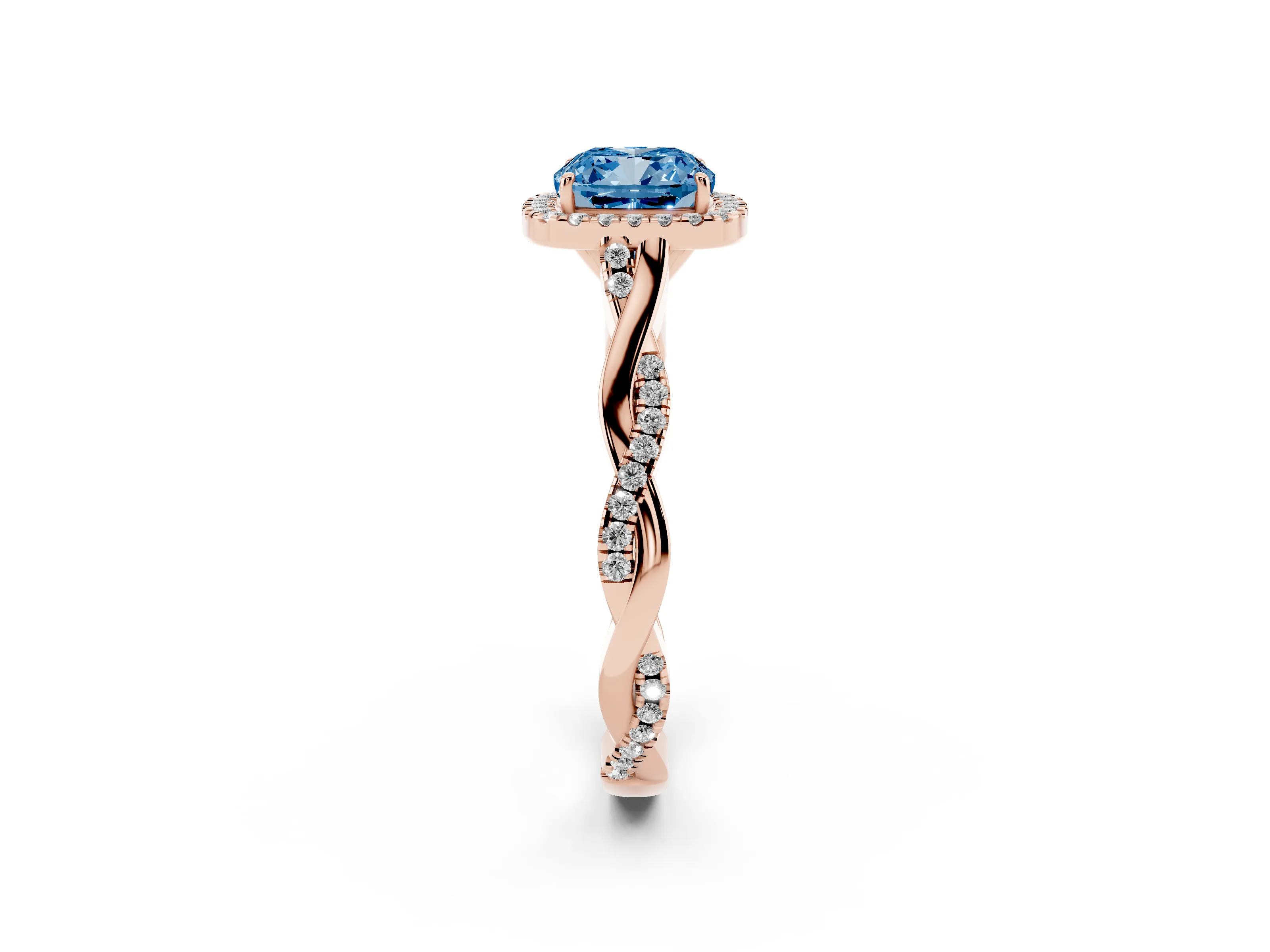 Fancy Blue Cushion Cut Diamond Halo Twist Band Solitaire Ring Set in Rose gold with Prong Setting