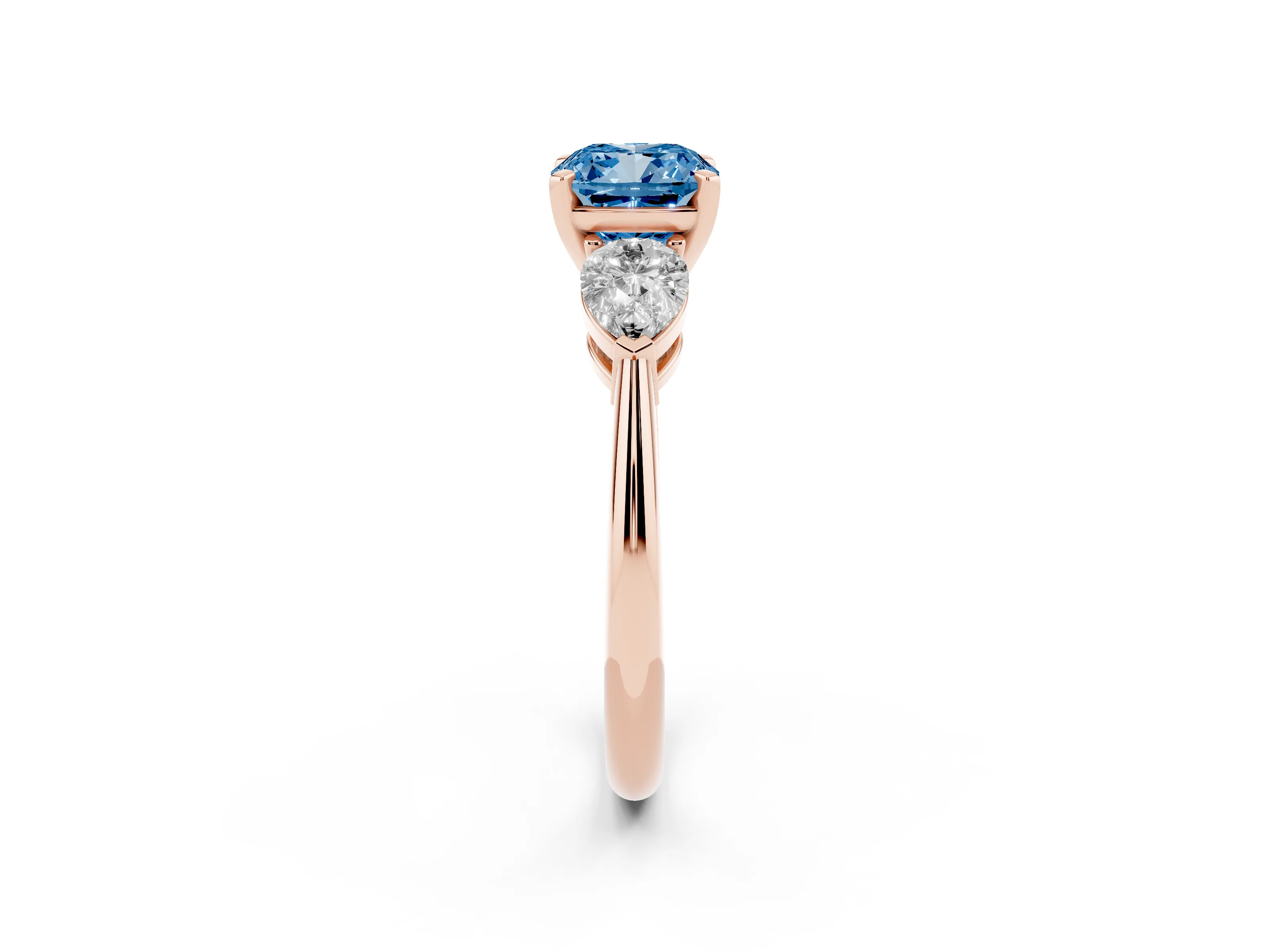 Fancy Blue Three-Stone Cushion Cut Diamond Ring Set in Rose gold with Pear Side Stones and Prong Setting