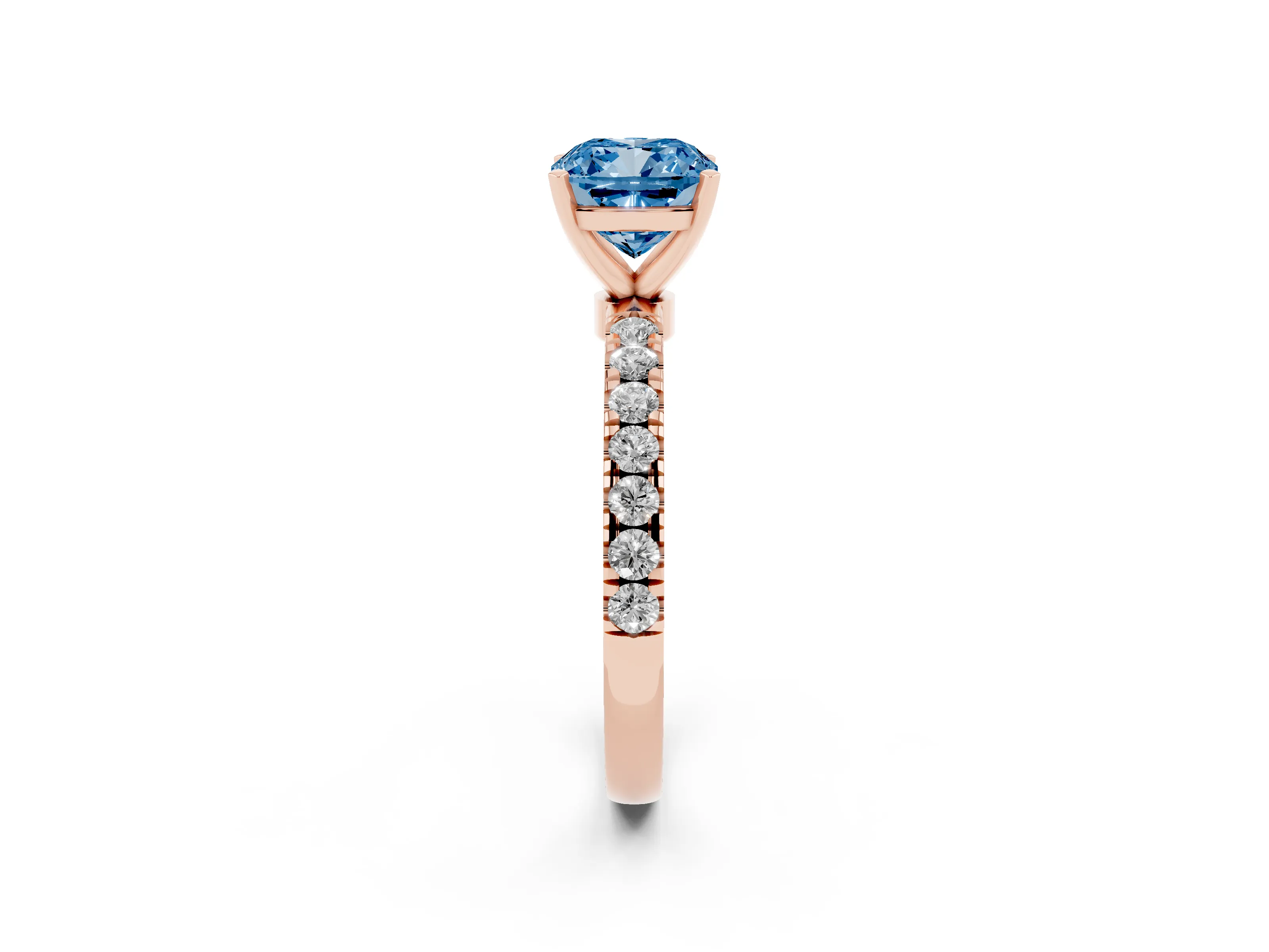 Fancy Blue Cushion Cut Diamond Solitaire Ring Set in Rose gold with Pavé Accents and Prong Setting
