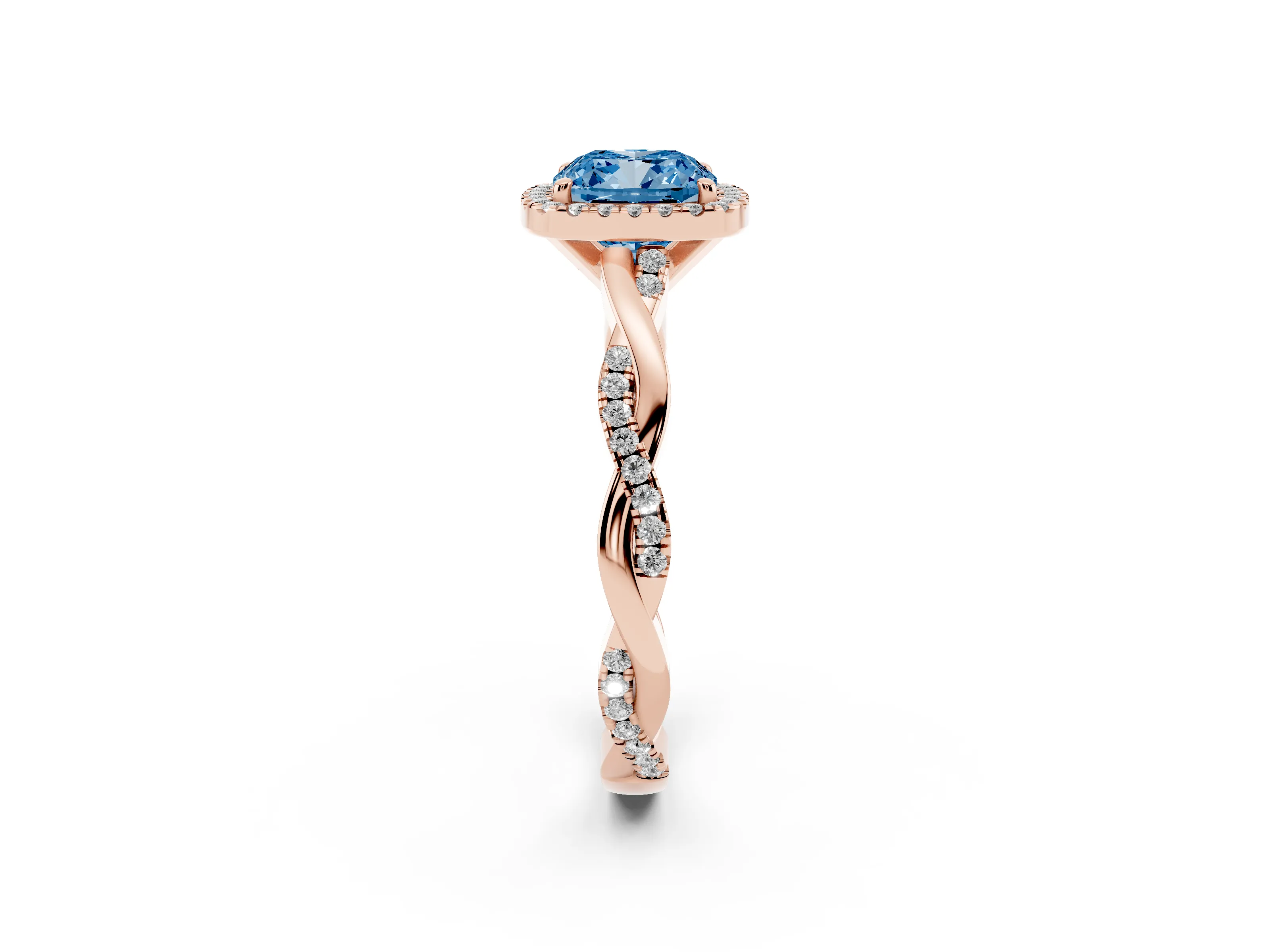 Fancy Blue Cushion Cut Diamond Halo Twisted Band Ring Set in Rose gold with Prong Setting