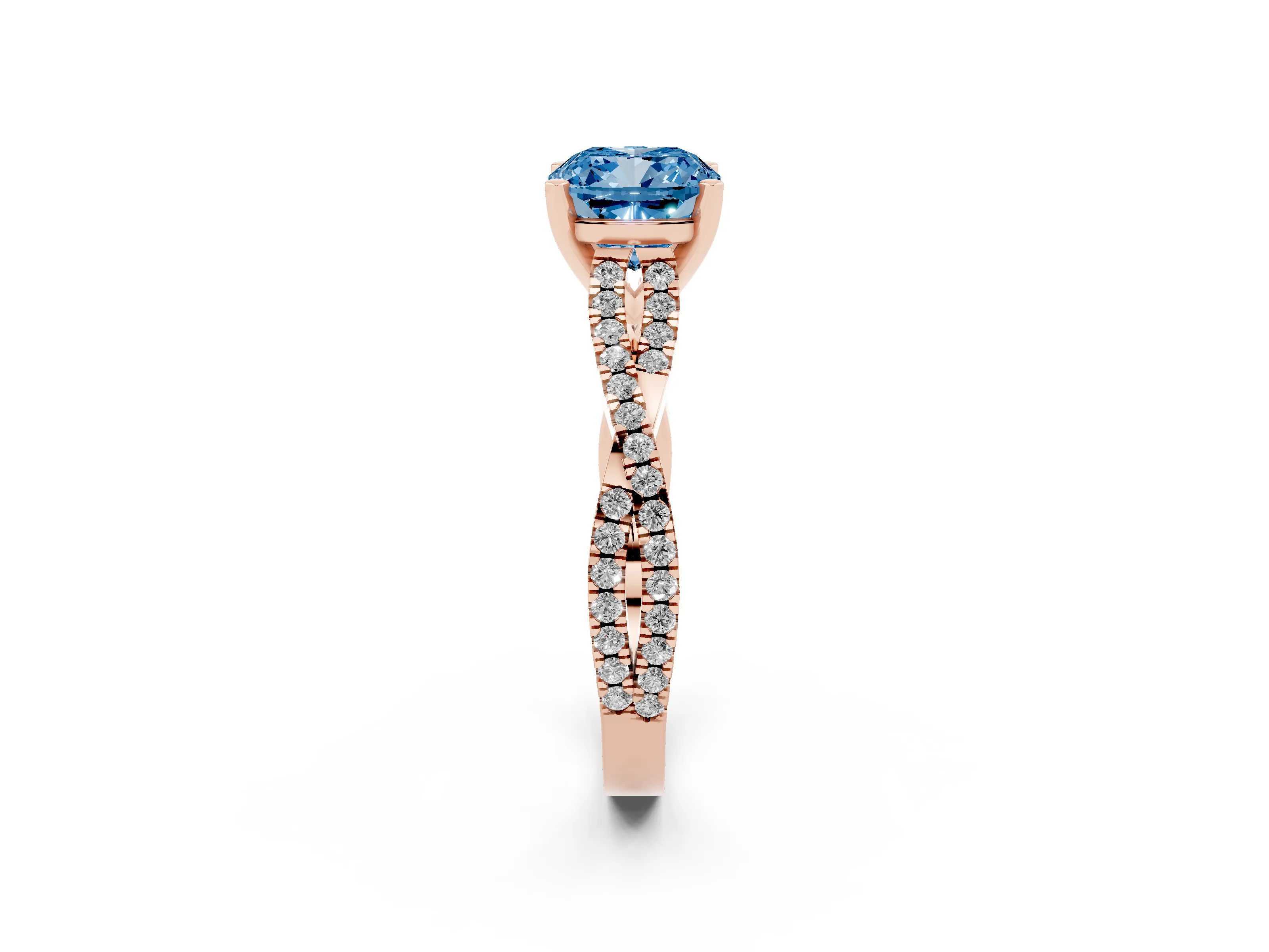 Fancy Blue Cushion Cut Diamond Solitaire Engagement Ring Set in Rose gold with Twisted Pavé Band and Prong Setting