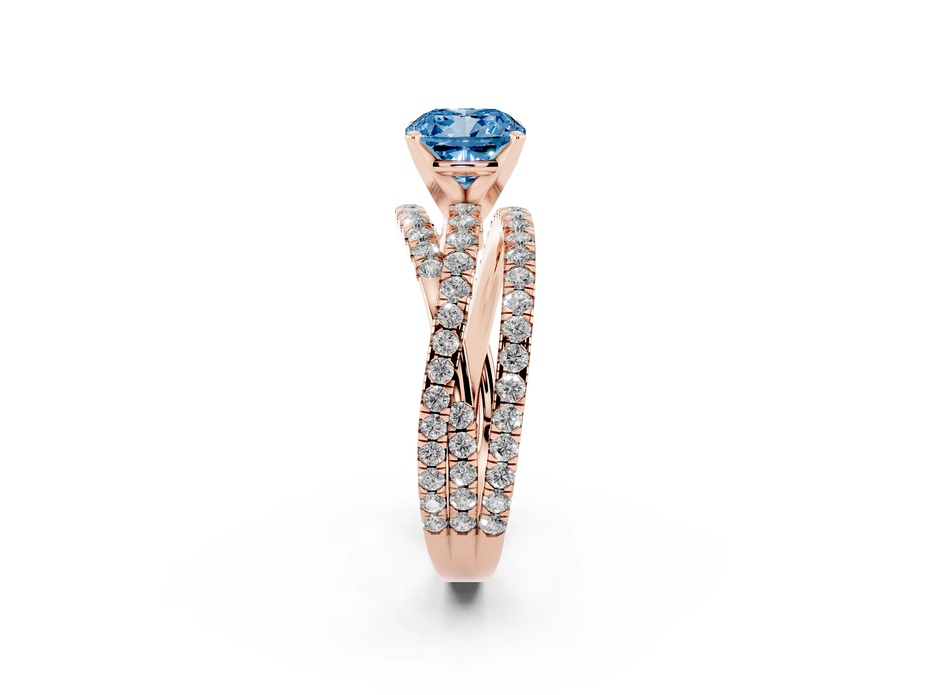 Fancy Blue Cushion Cut Diamond Solitaire Twist Band Ring Set in Rose gold with Pavé Setting and Prong Head