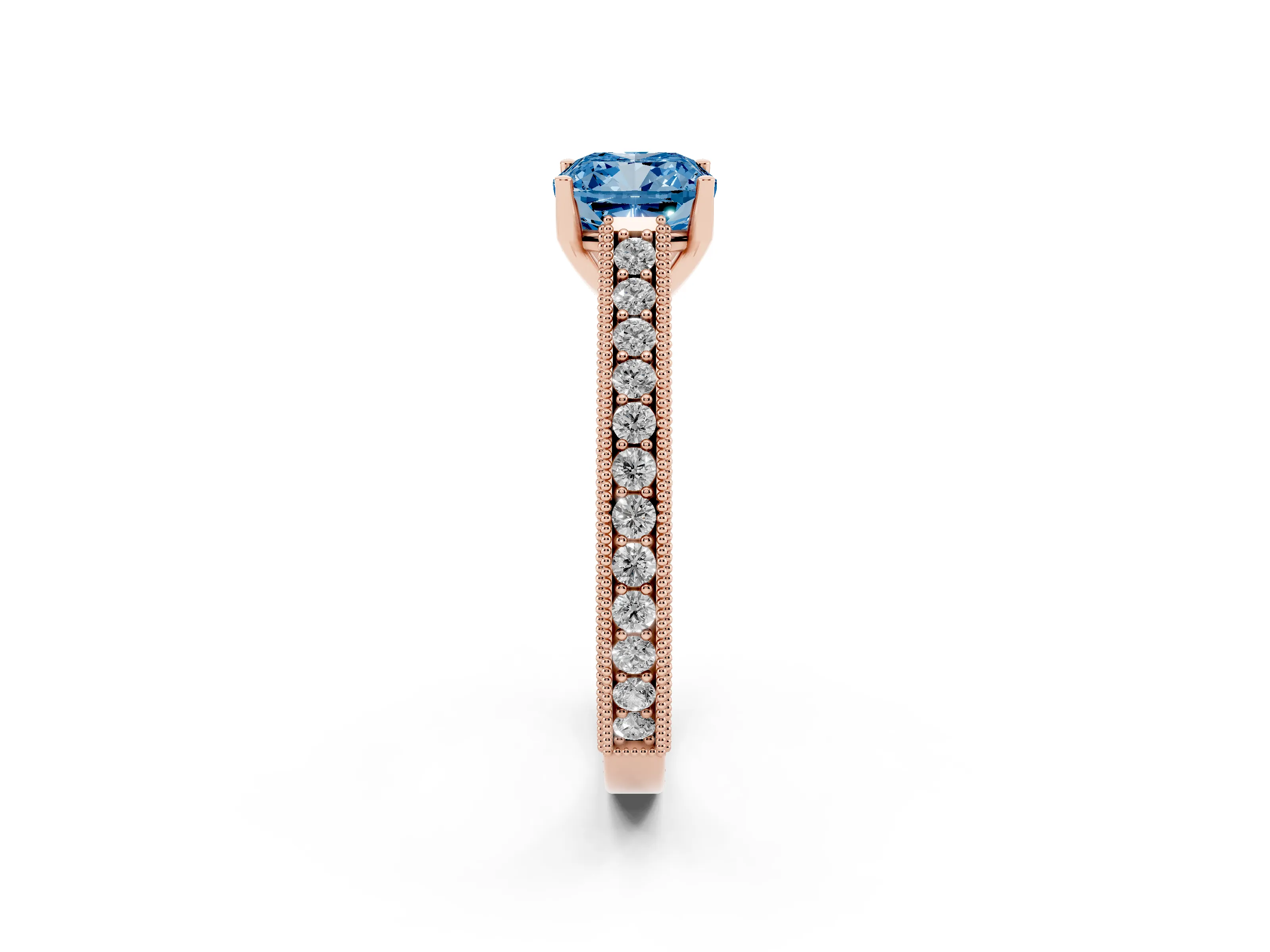Fancy Blue Cushion Cut Diamond Milgrain Pavé Band Solitaire Ring Set in Rose gold with Prong Setting