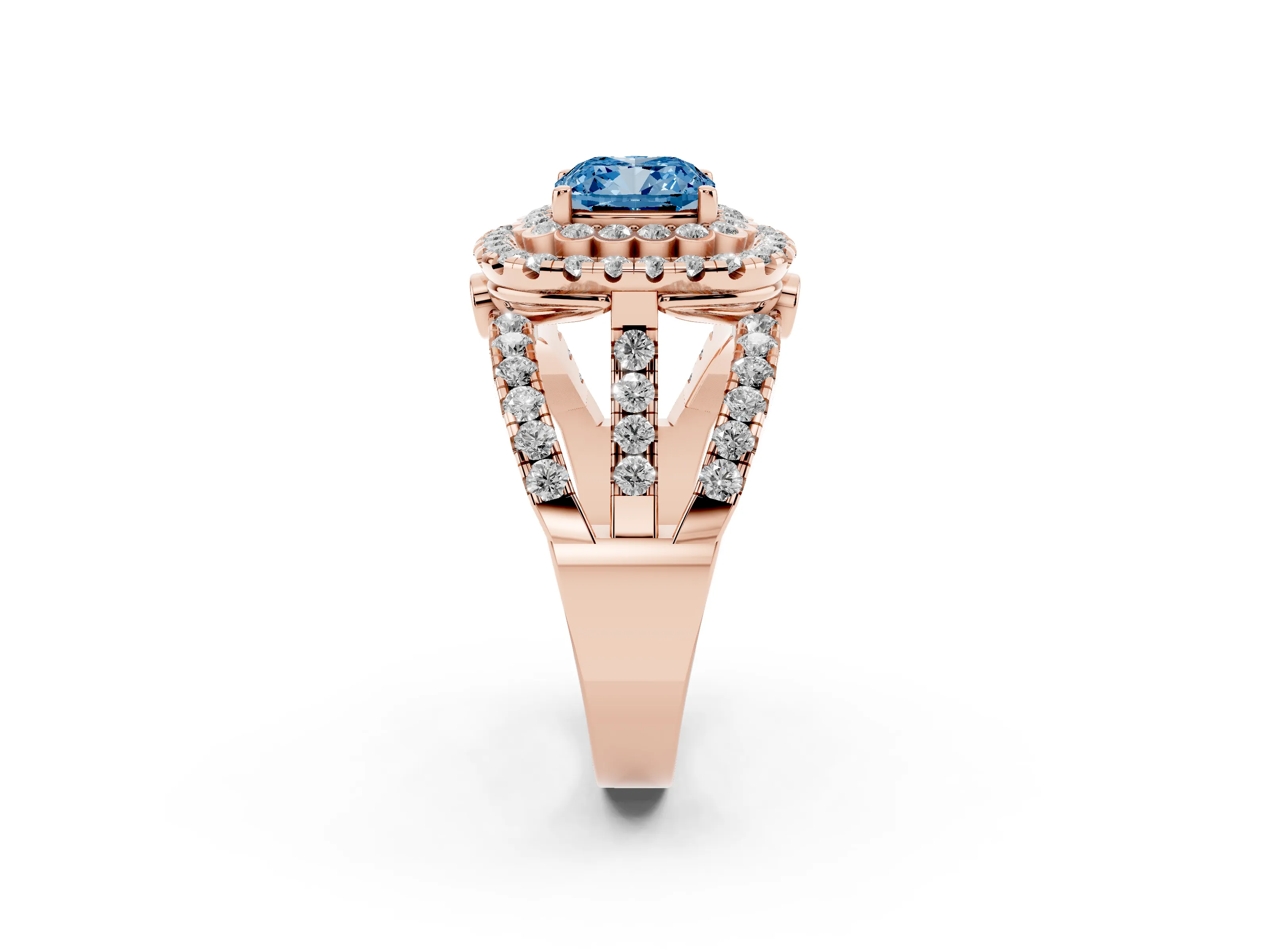 Fancy Blue Cushion Cut Diamond Double Halo Ring Set in Rose gold with Round Pavé Split Shank